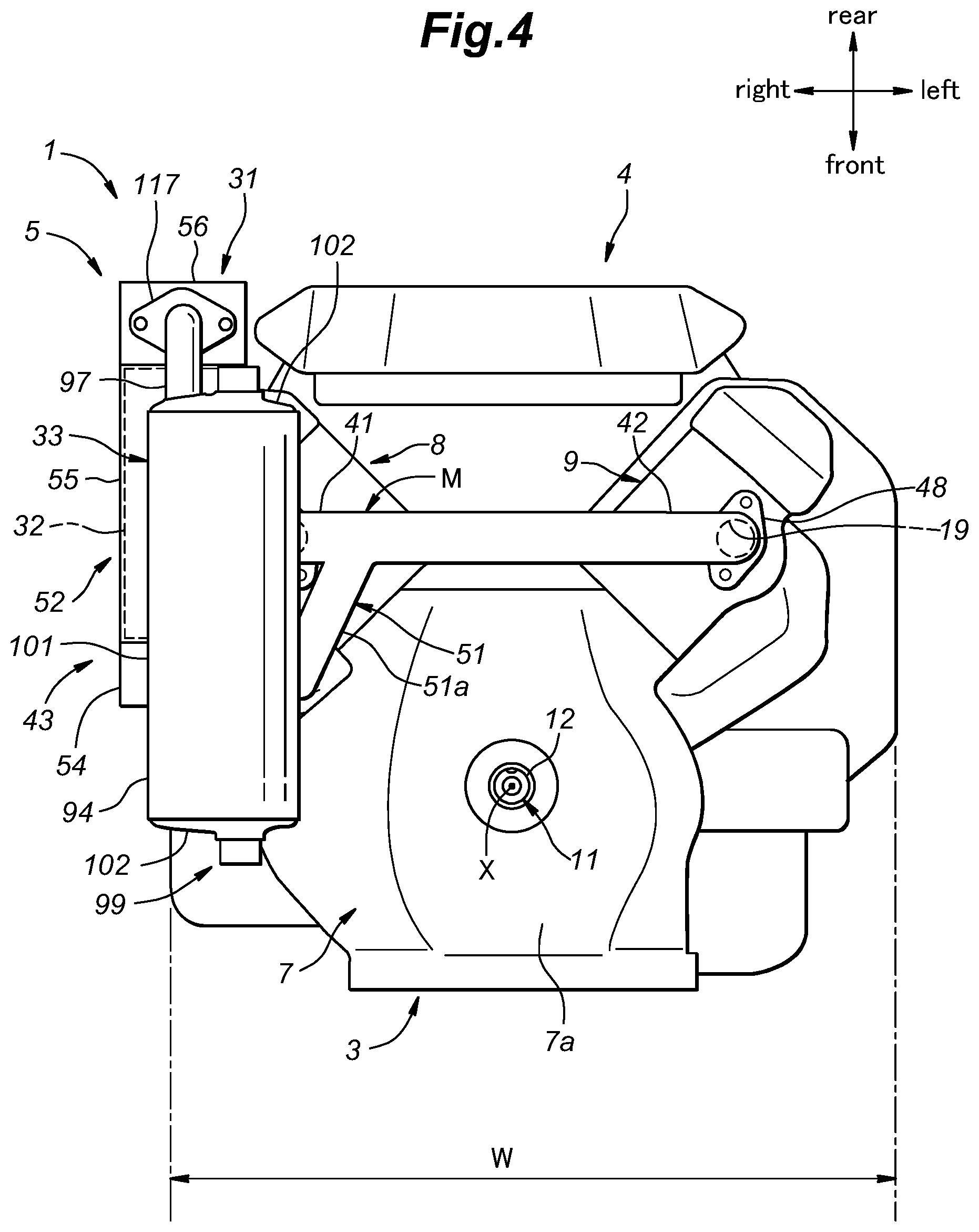 Patent US12134979 Figure 4 – V-type engine including catalyst extending in height direction of engine body and work machine including same