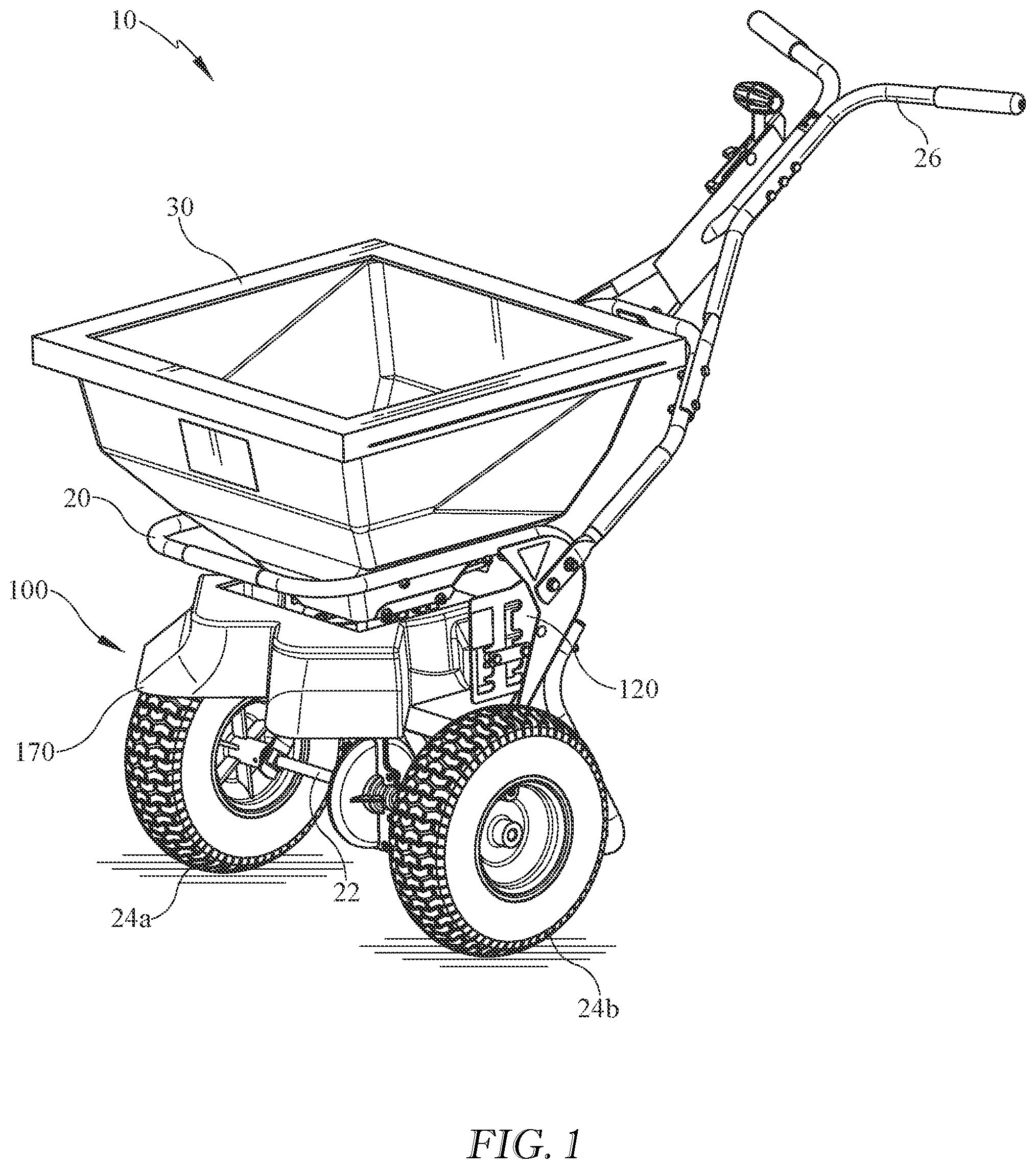 Patent US12137627 Figure 1 – Adjustable deflector assembly for a broadcast spreader