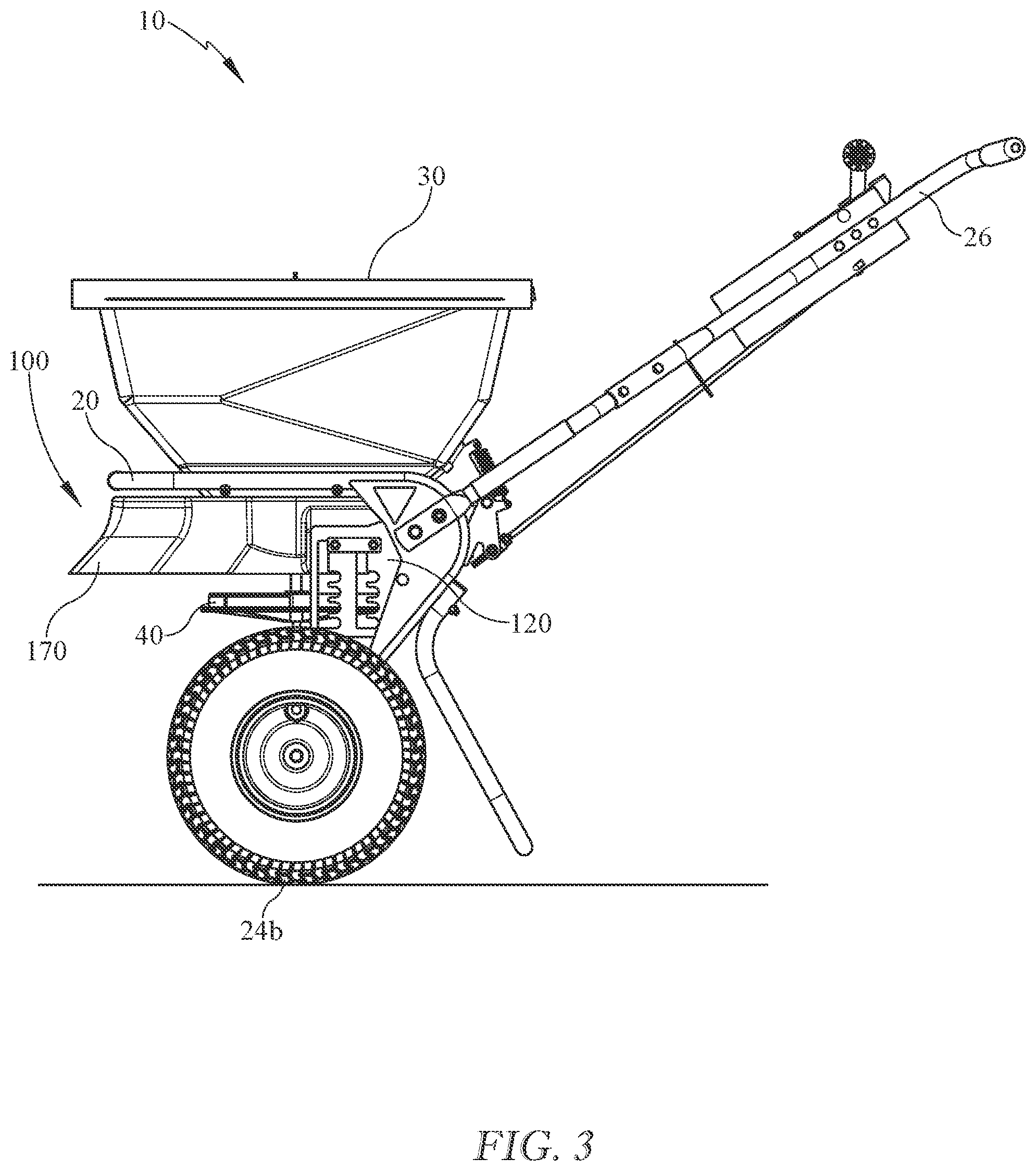 Patent US12137627 Figure 3 – Adjustable deflector assembly for a broadcast spreader