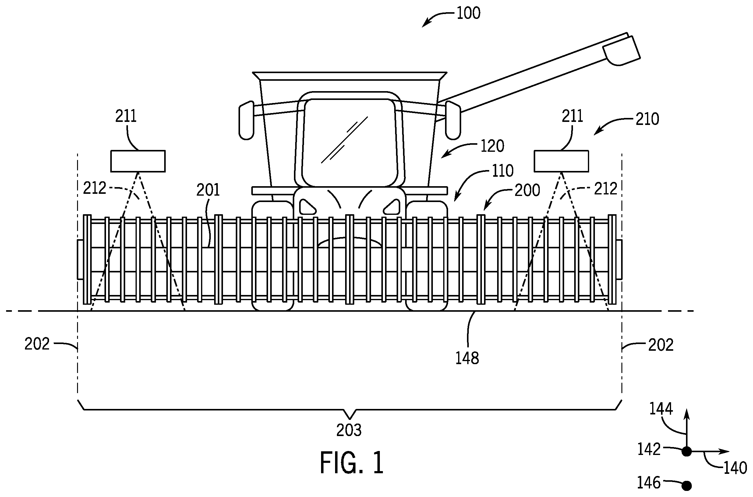 Patent US12137630 Figure 1 – Sensor assembly for an agricultural header
