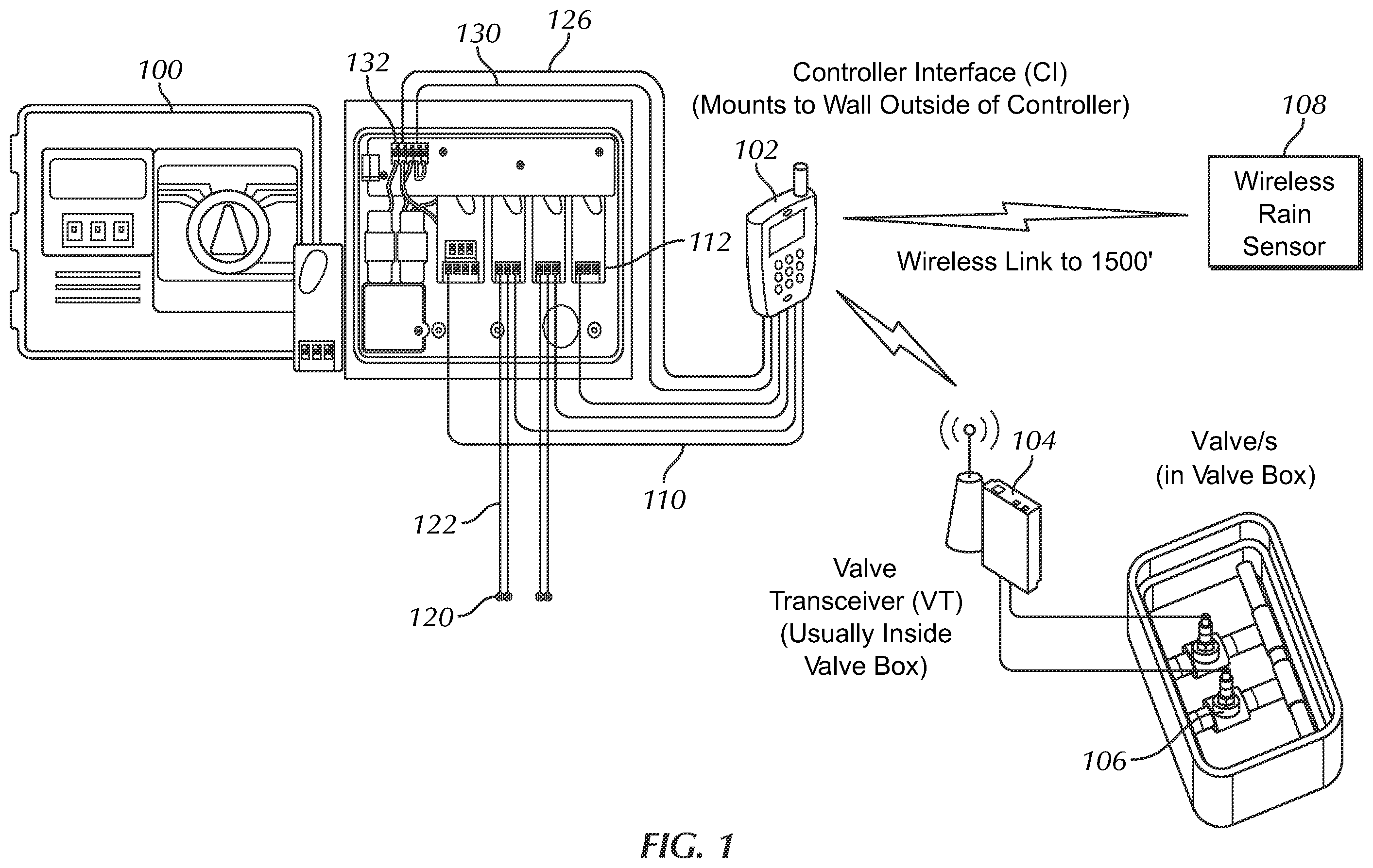 Patent US12137639 Figure 1 – Wireless irrigation control