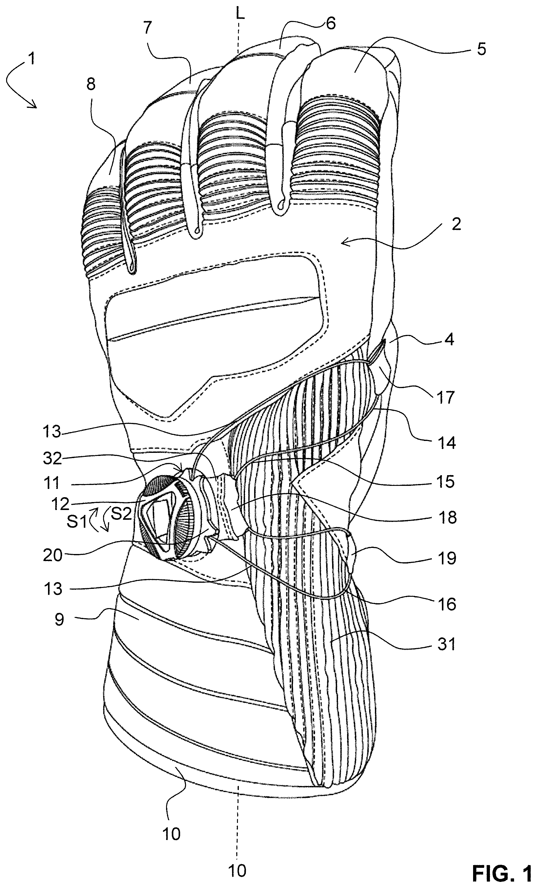 Patent US12137760 Figure 1 – Glove with lacing system