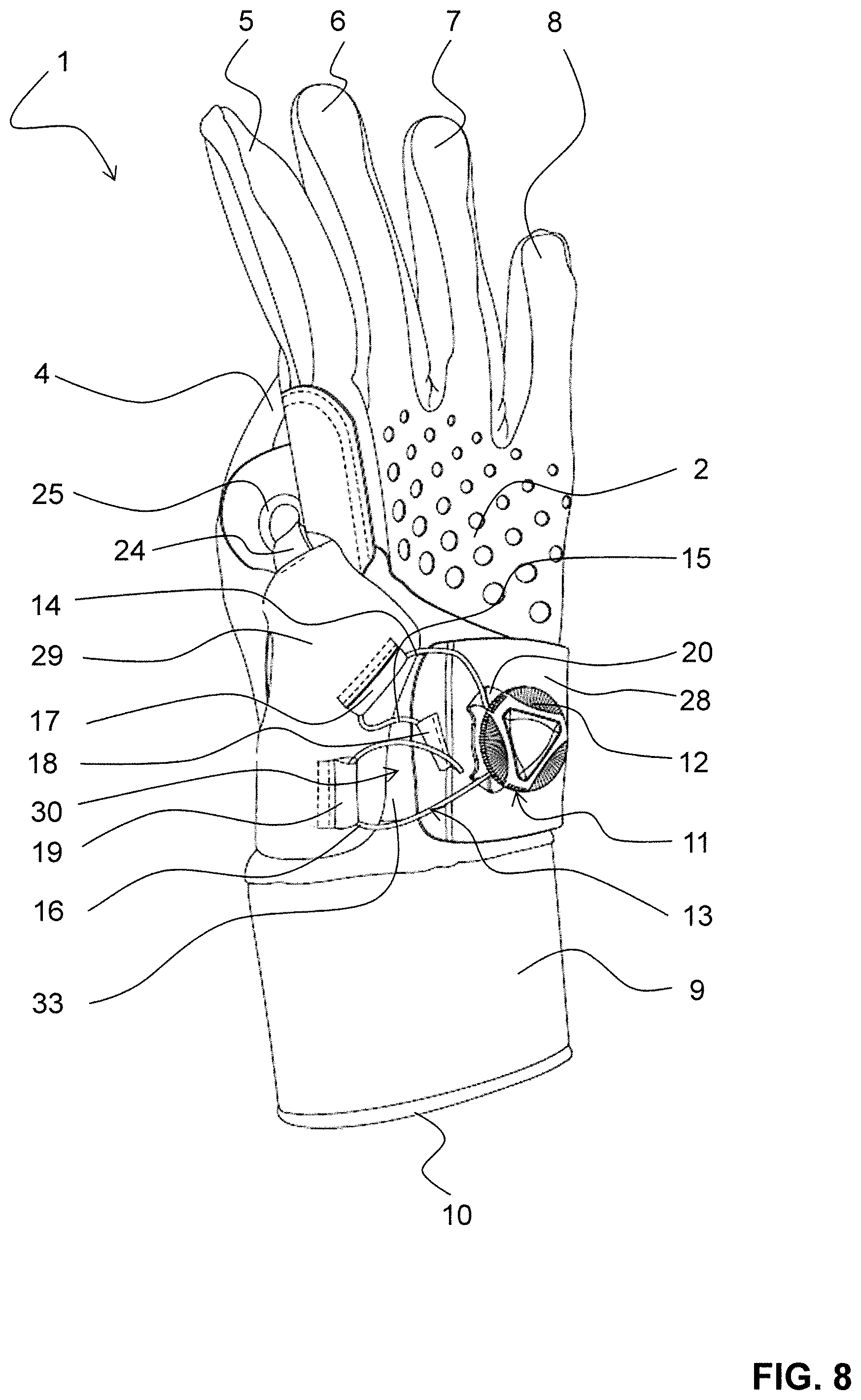 Patent US12137760 Figure 8 – Glove with lacing system