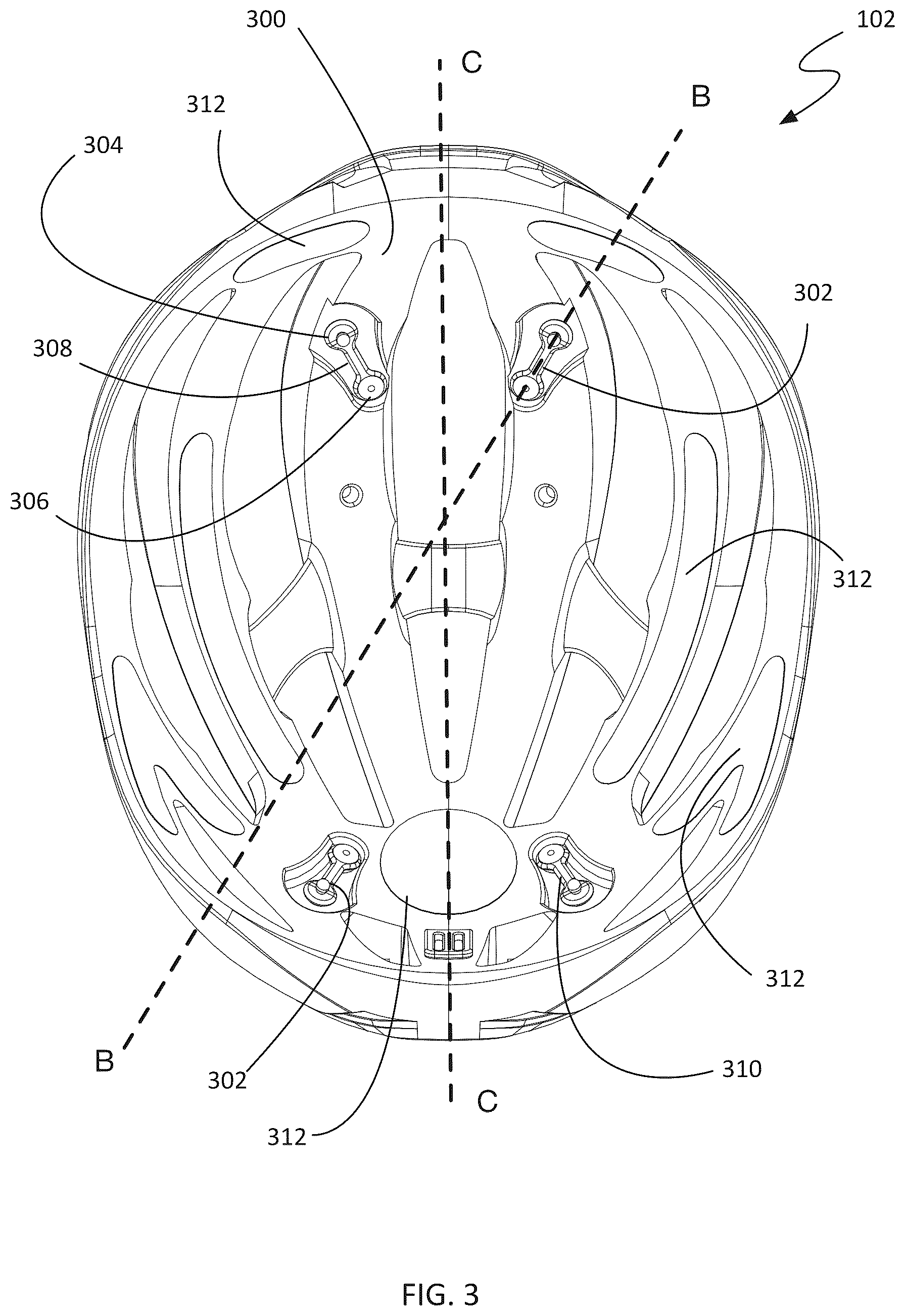 Patent US12137765 Figure 4 – Cycling helmet with rotational impact attenuation