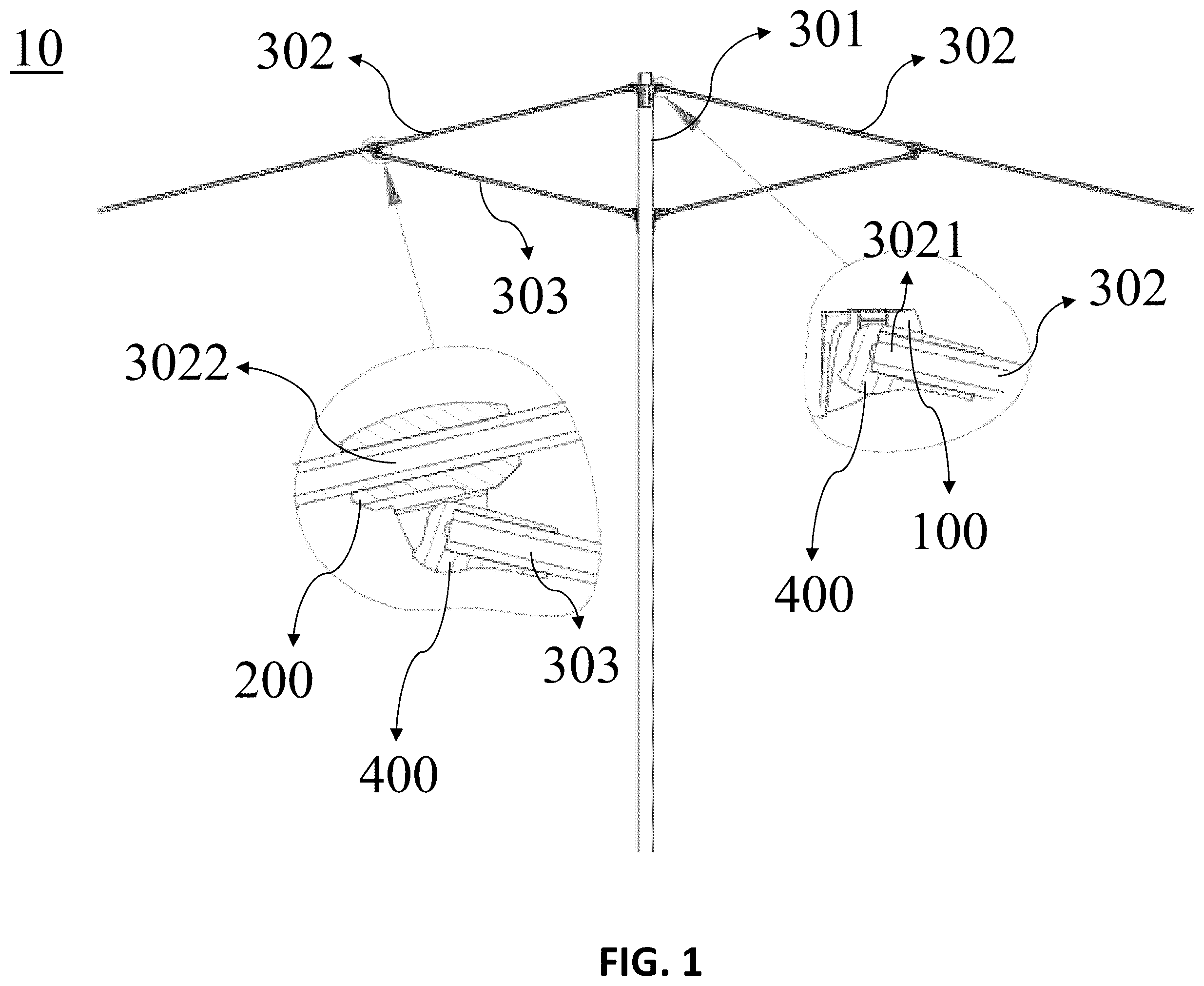 Patent US12137779 Figure 1 – 3-in-1 connector system for shading structure