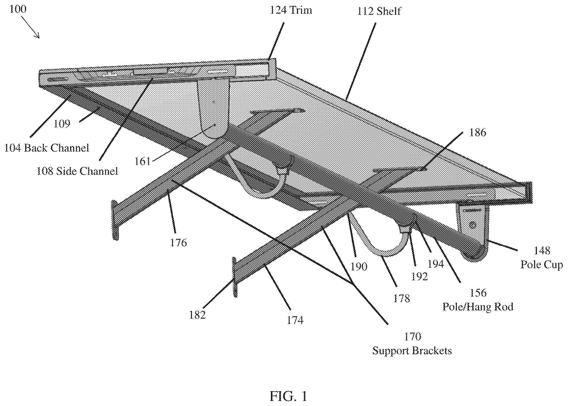 Patent US12137802 Figure 1 – Storage systems including back channels and walls mountable along the back channels