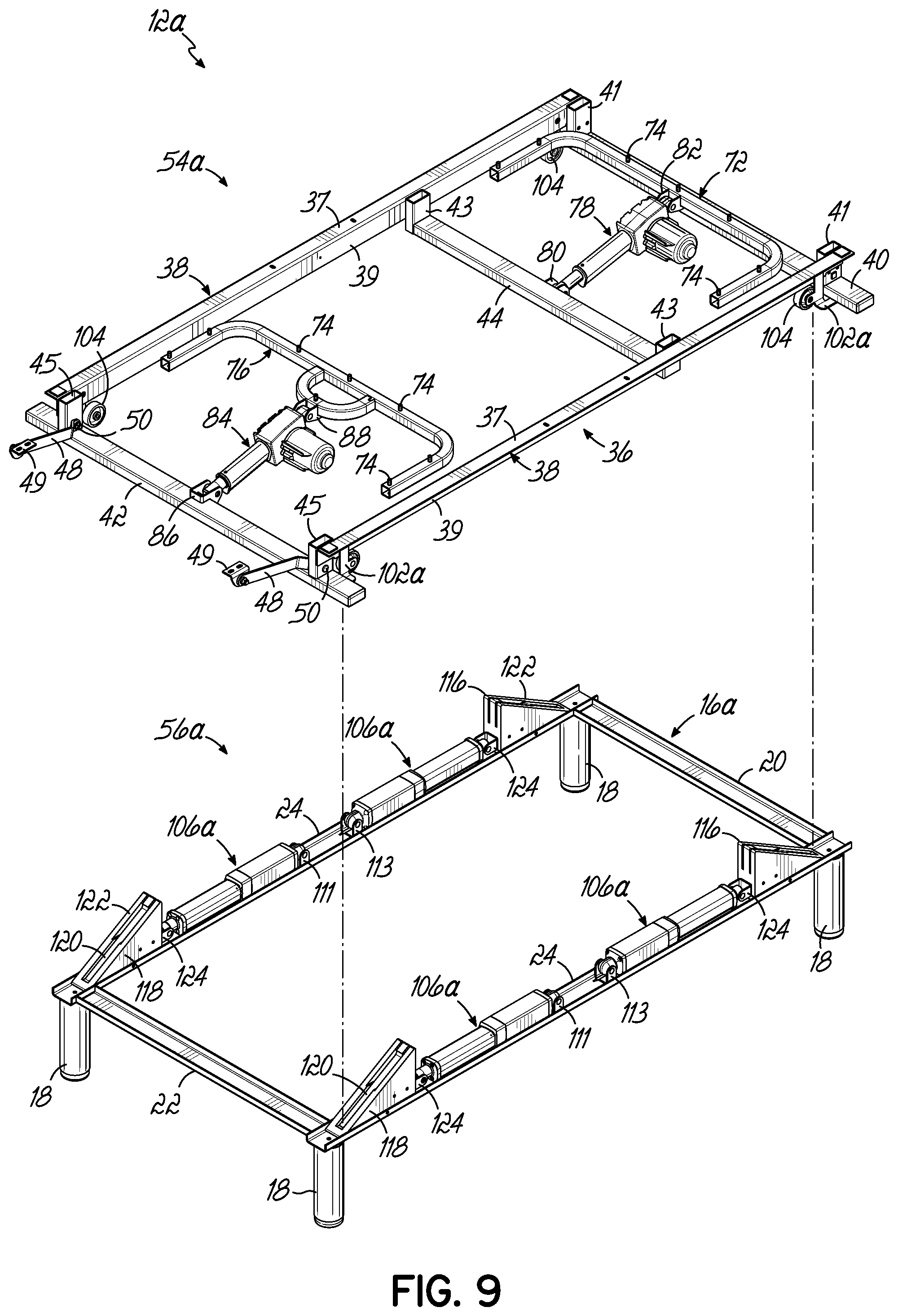 Patent US12137809 Figure 13 – Adjustable bed base with incline/decline feature
