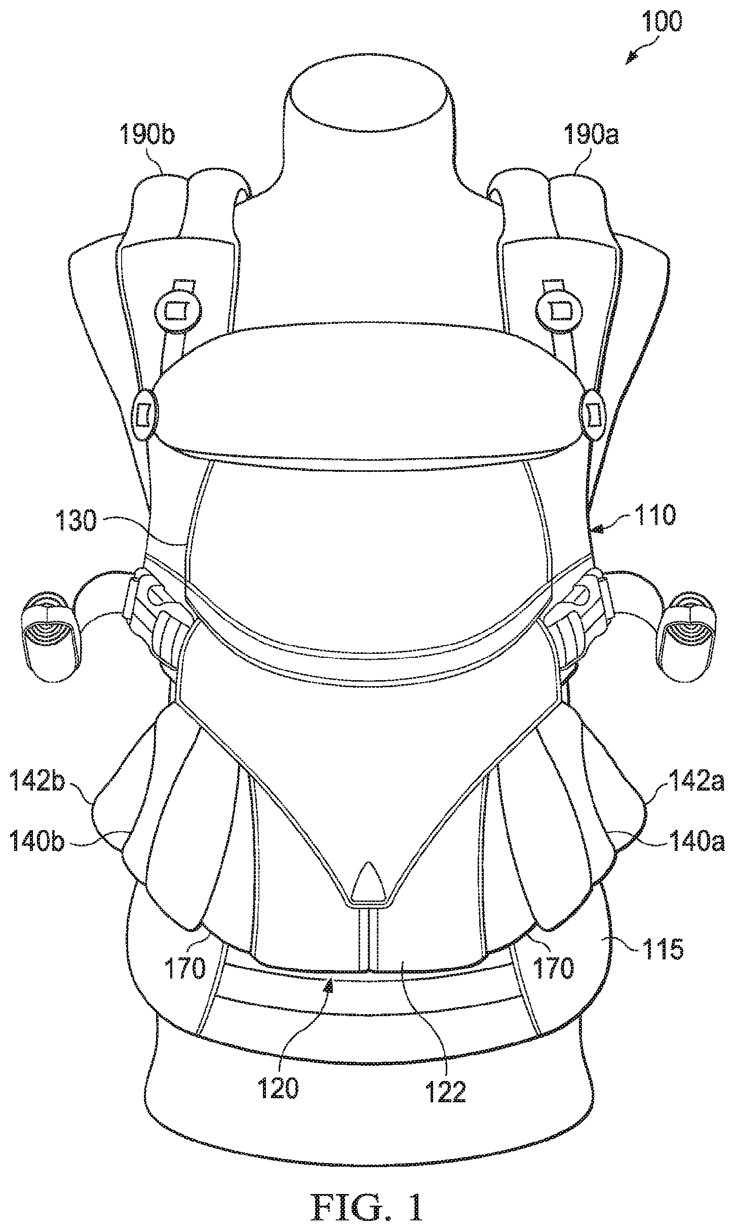 Patent US12137818 Figure 1 – Adjustable child carrier with multiple carry orientations
