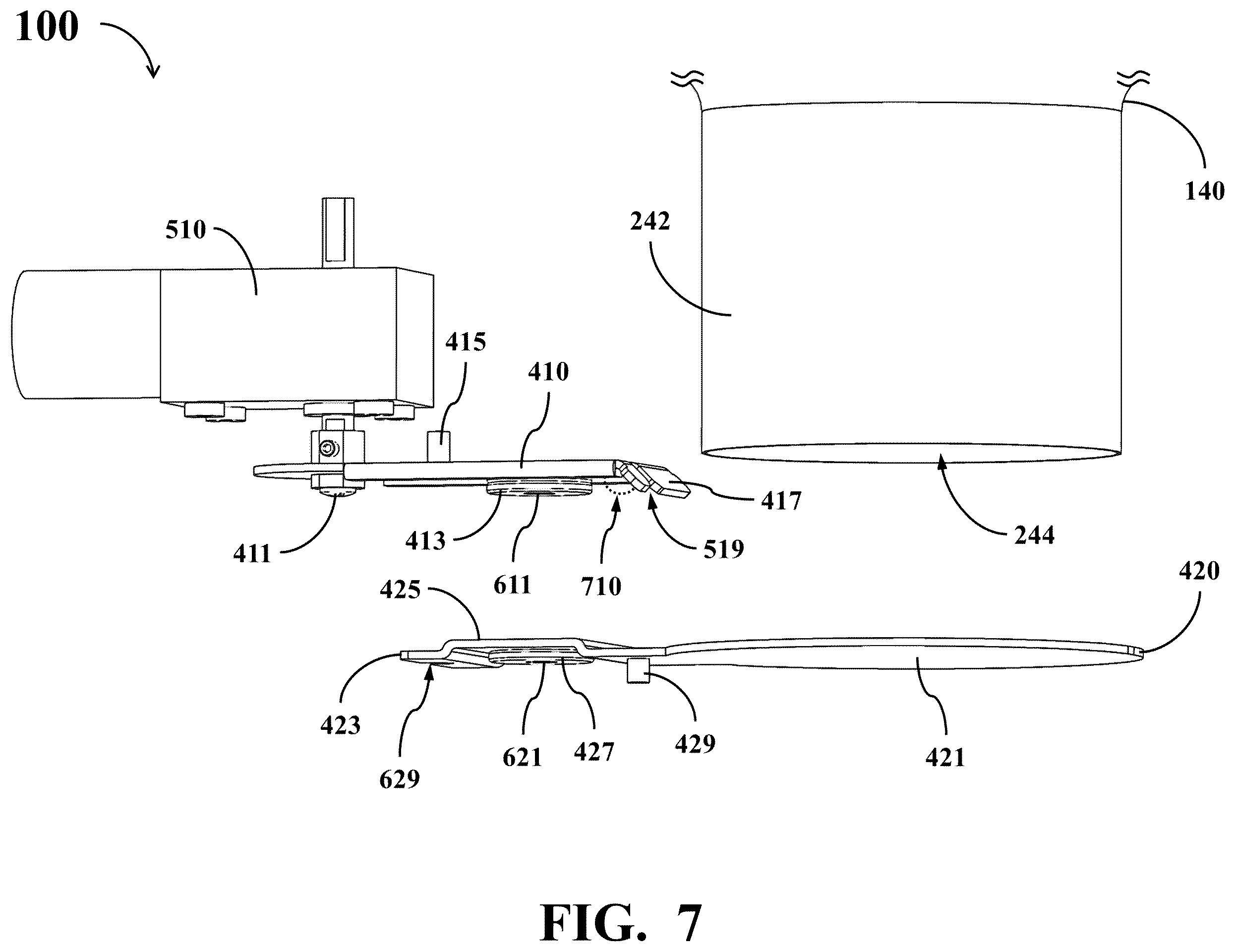 Patent US12137835 Figure 7 – Automatic cooking machine having a blocking element for magnetically attaching on a moving arm