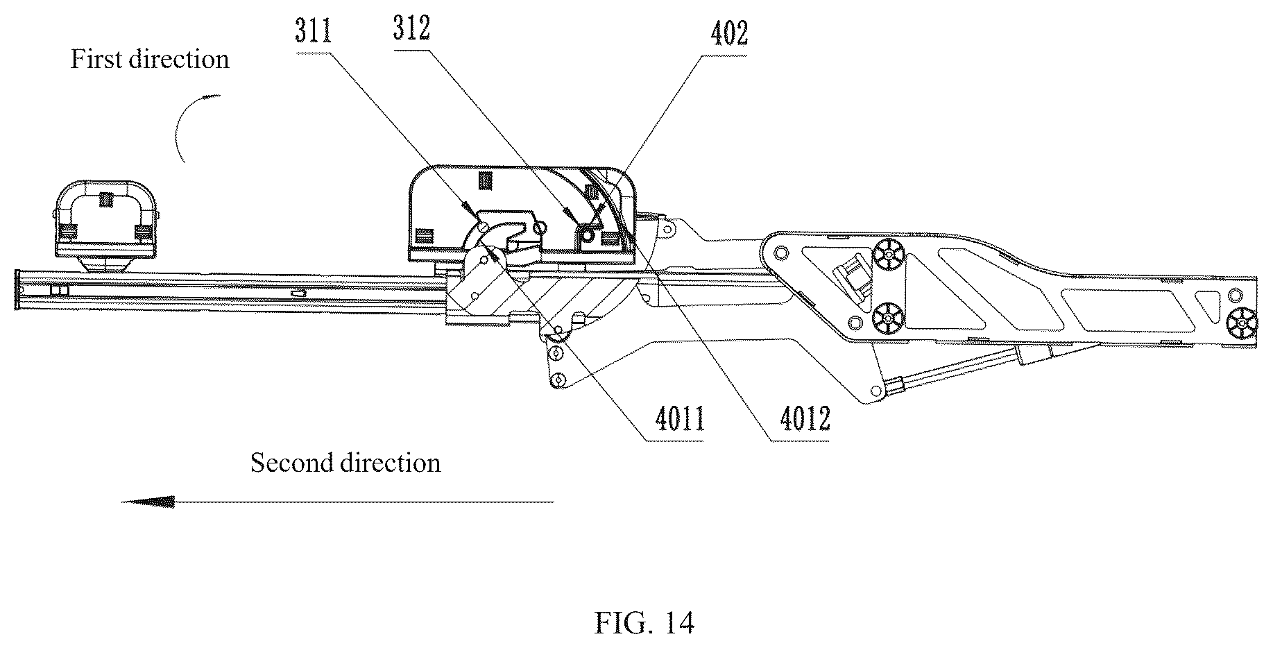 Patent US12137862 Figure 9 – Pivoting and lifting structure with push-pull locking, dishwasher, and household appliance