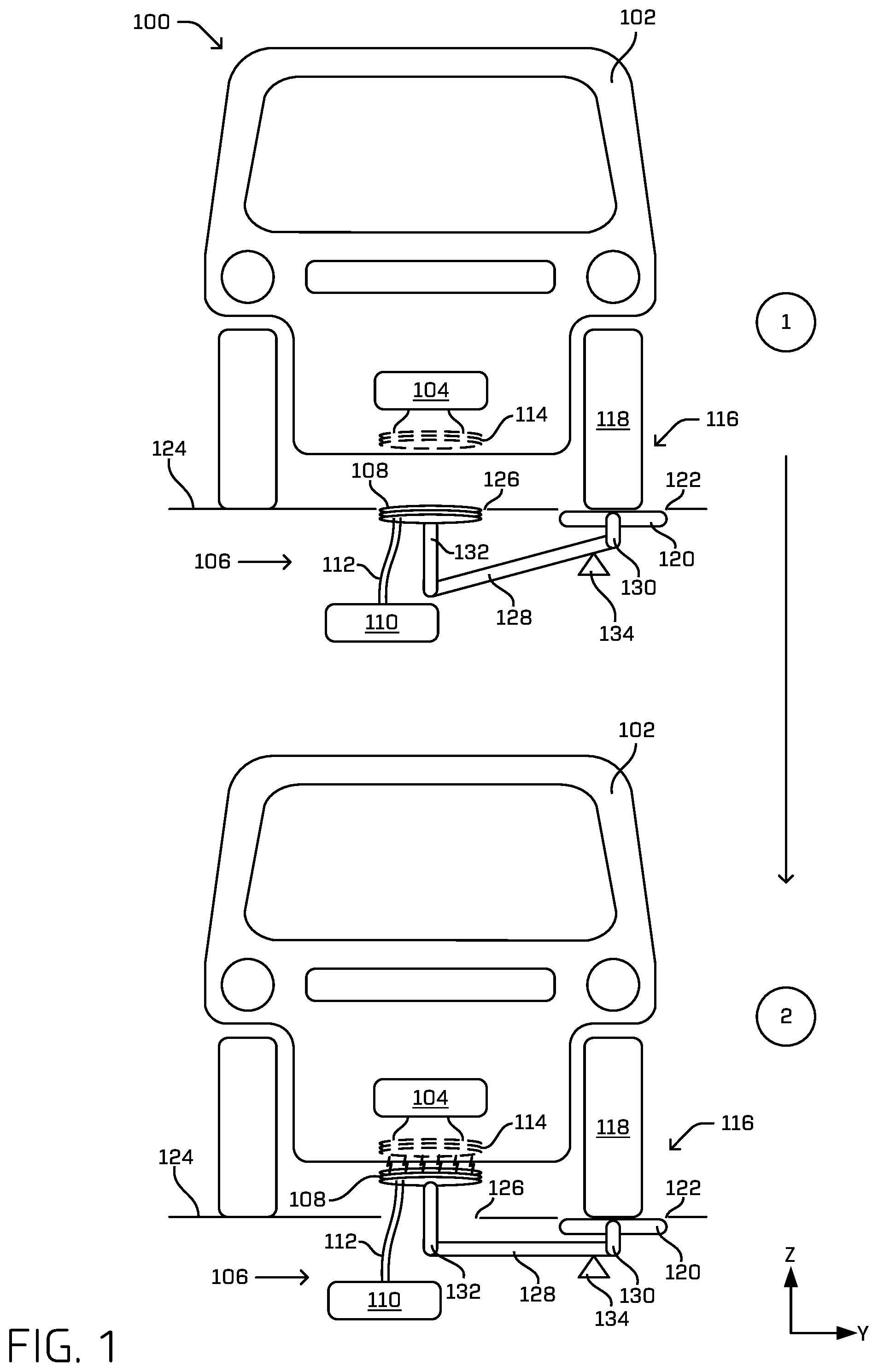 Patent US12139030 — Lift mechanism for aligning charging elements to charge vehicle — Figure 1