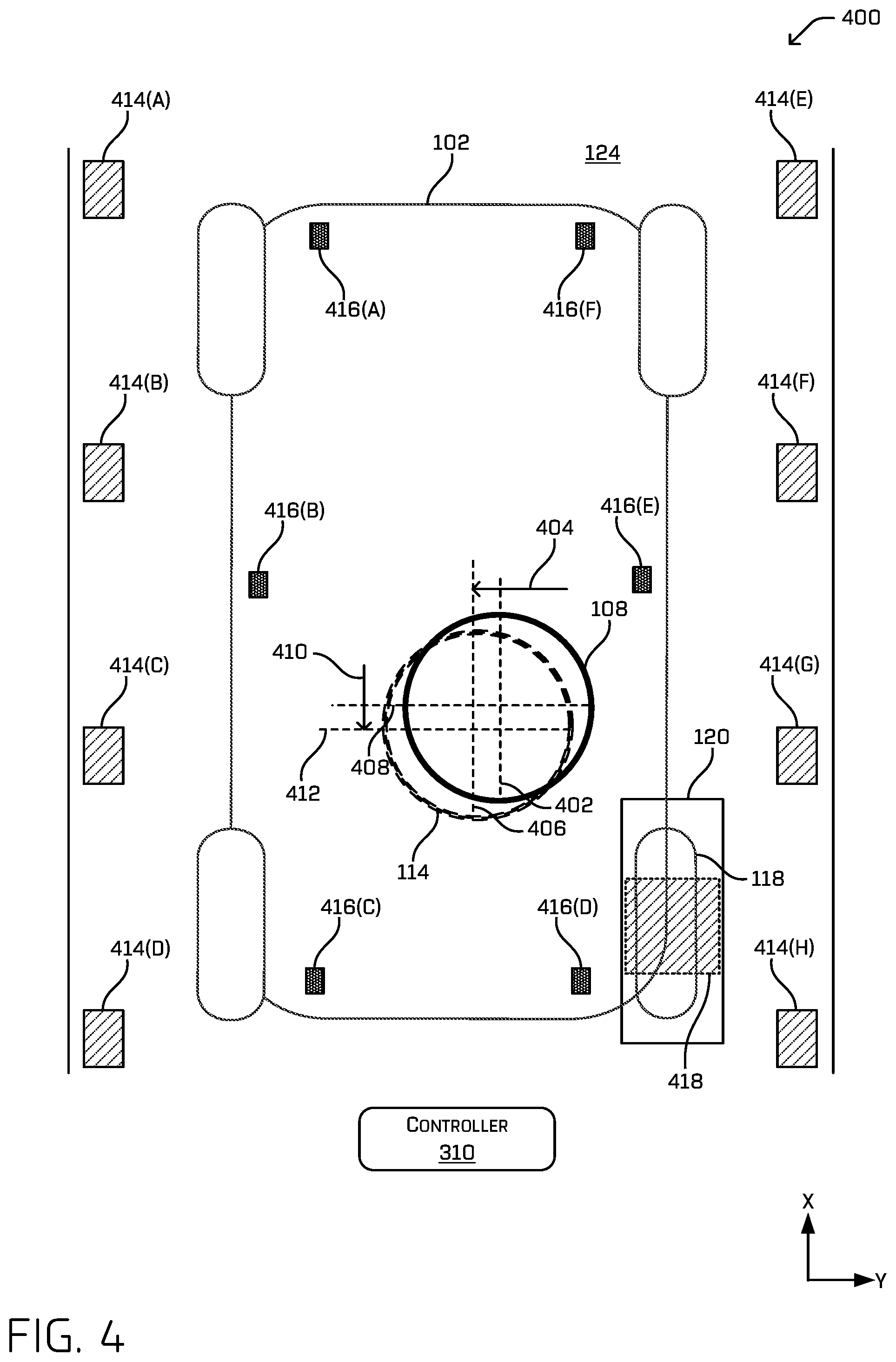 Patent US12139030 Figure 4 – Lift mechanism for aligning charging elements to charge vehicle