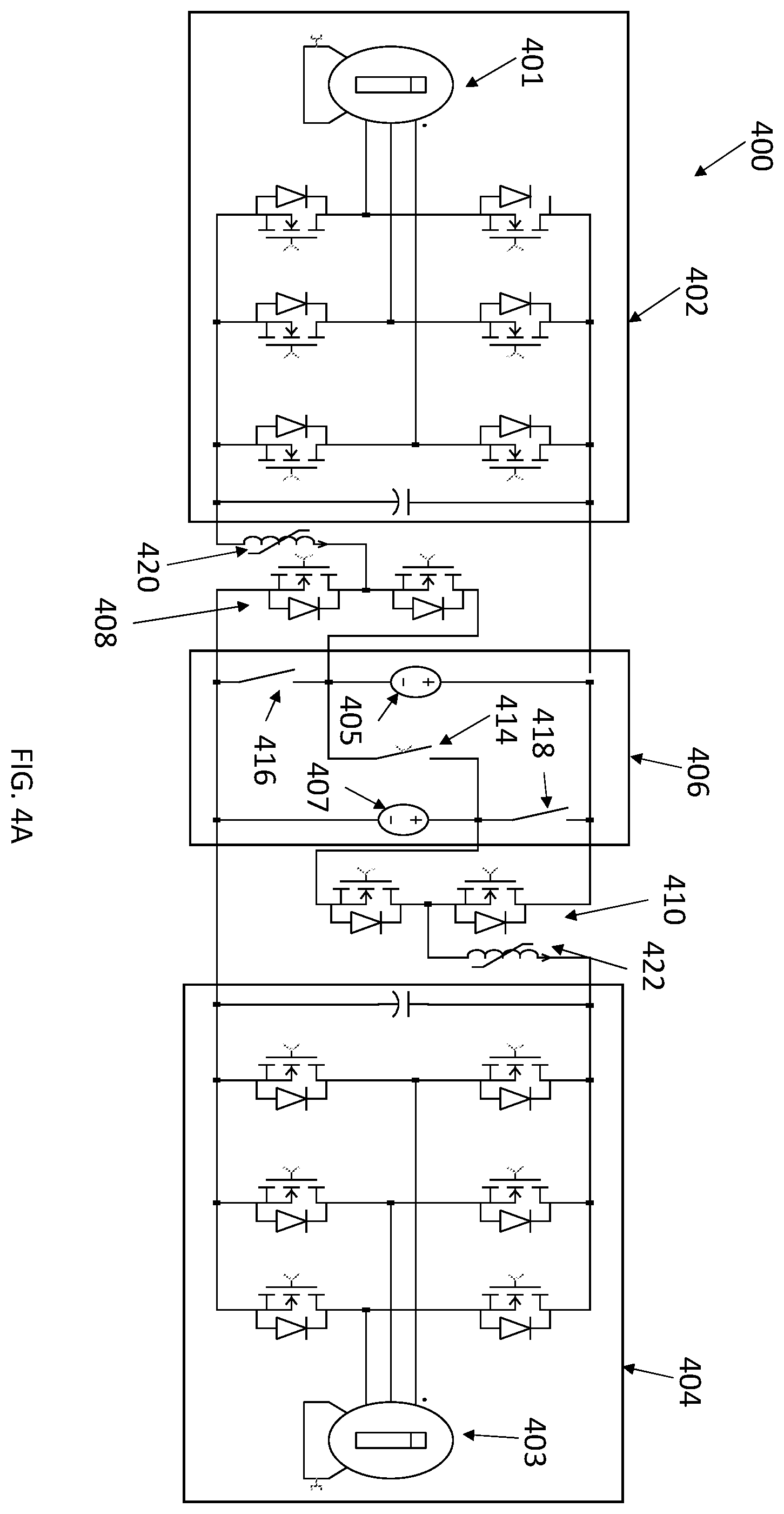 Patent US12139040 Figure 4 – Electric drive with dual-energy storage and variable inverter input