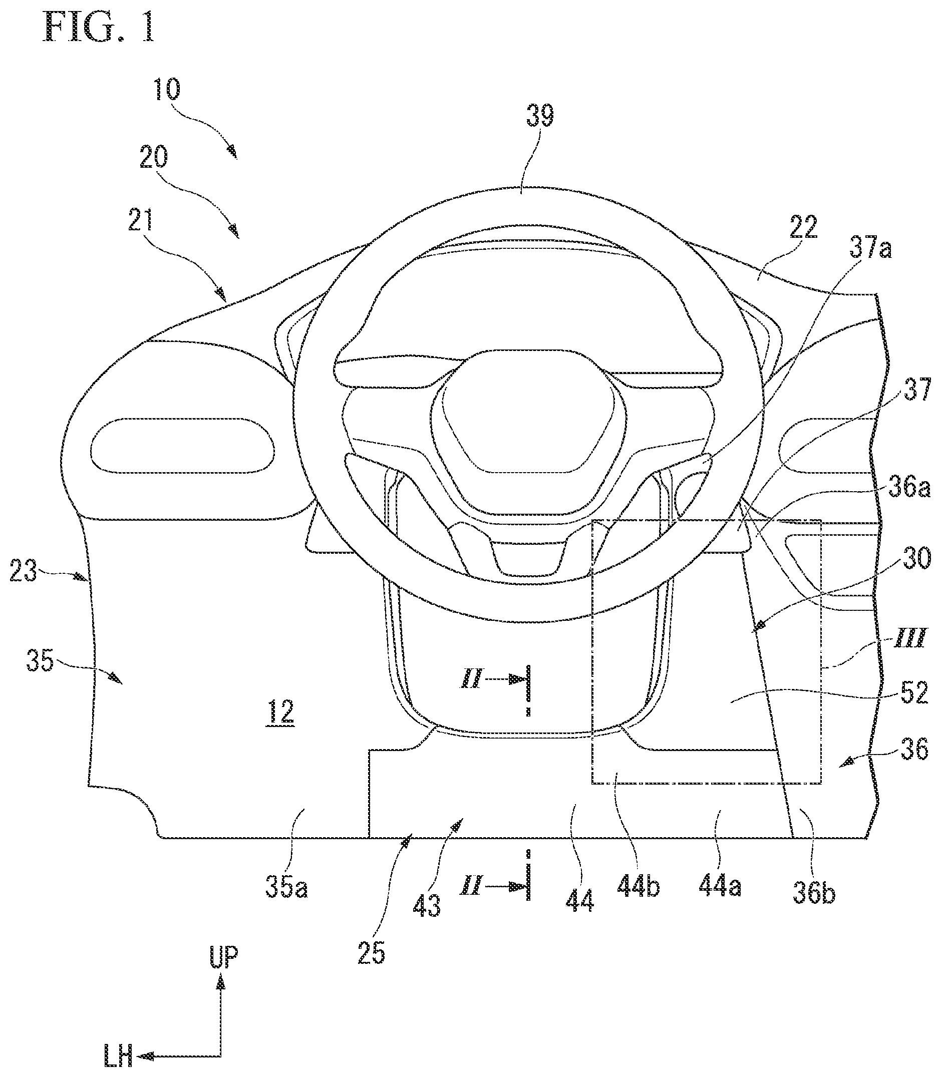 Patent US12139090 Figure 1 – Instrument panel structure with knee airbag