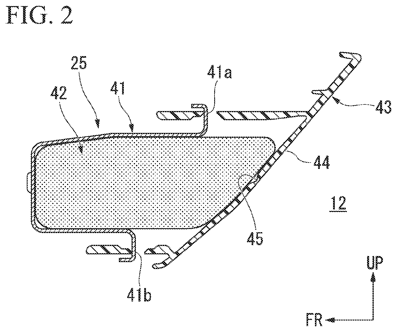 Patent US12139090 Figure 2 – Instrument panel structure with knee airbag