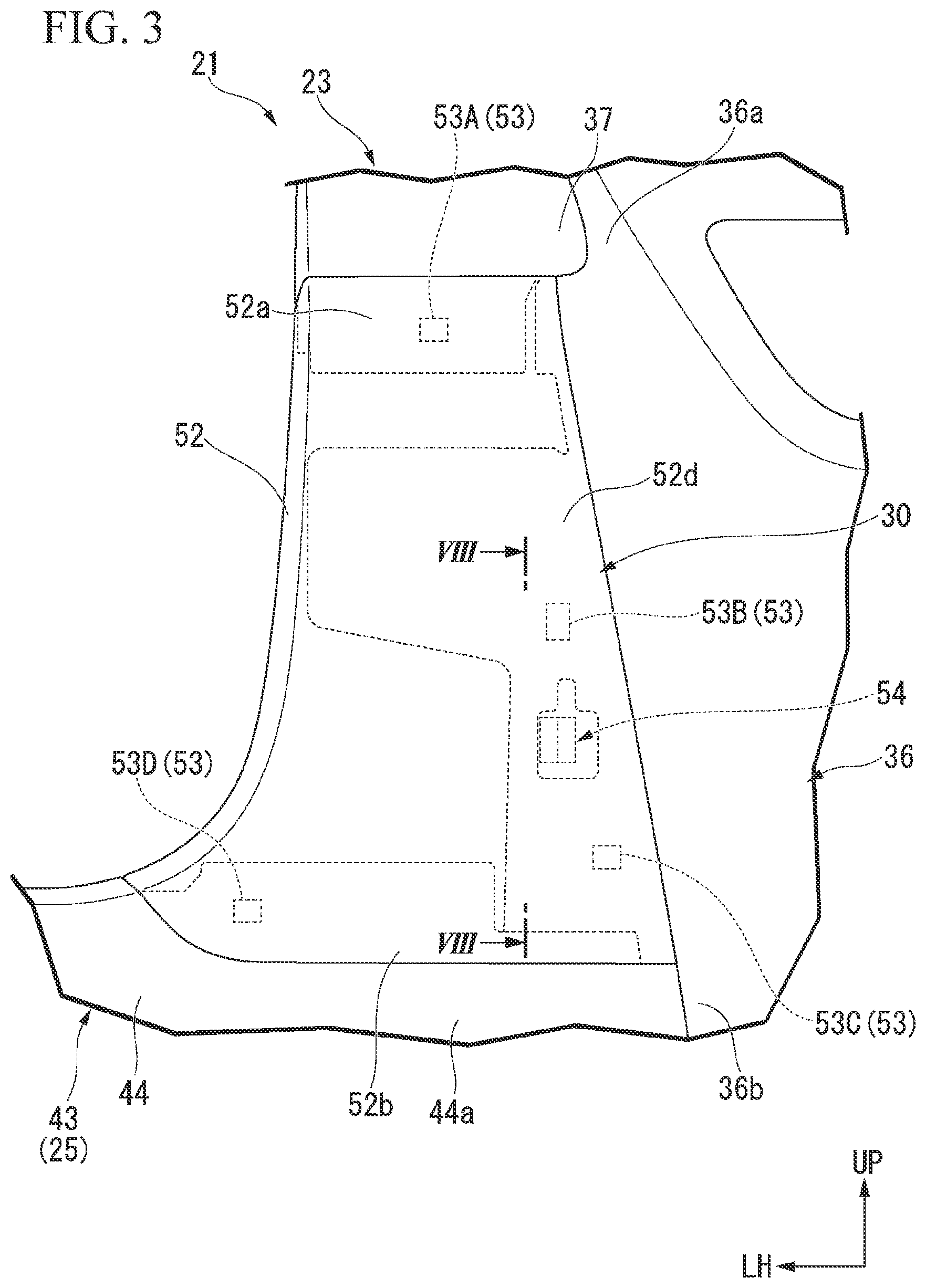 Patent US12139090 Figure 3 – Instrument panel structure with knee airbag