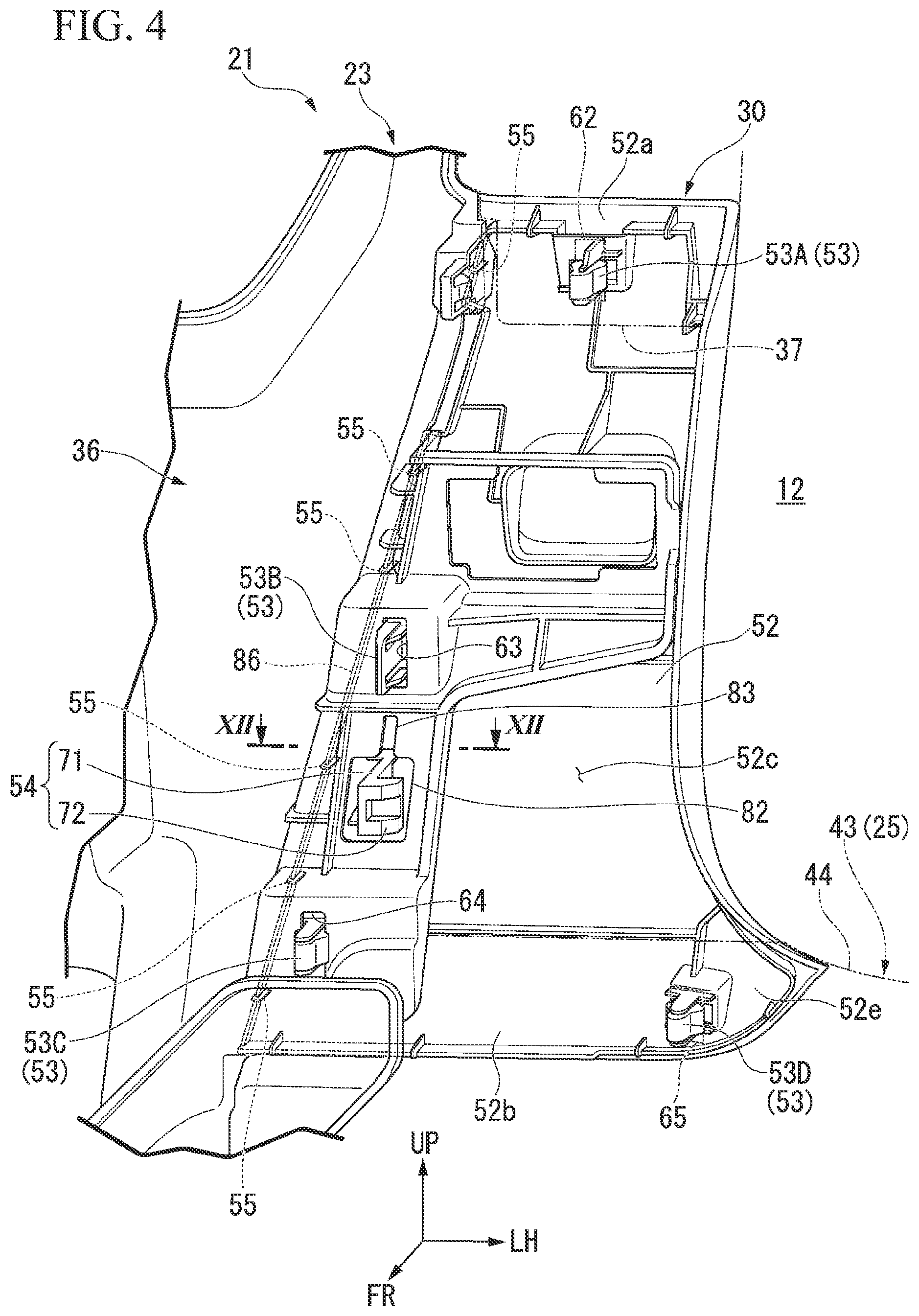Patent US12139090 Figure 4 – Instrument panel structure with knee airbag