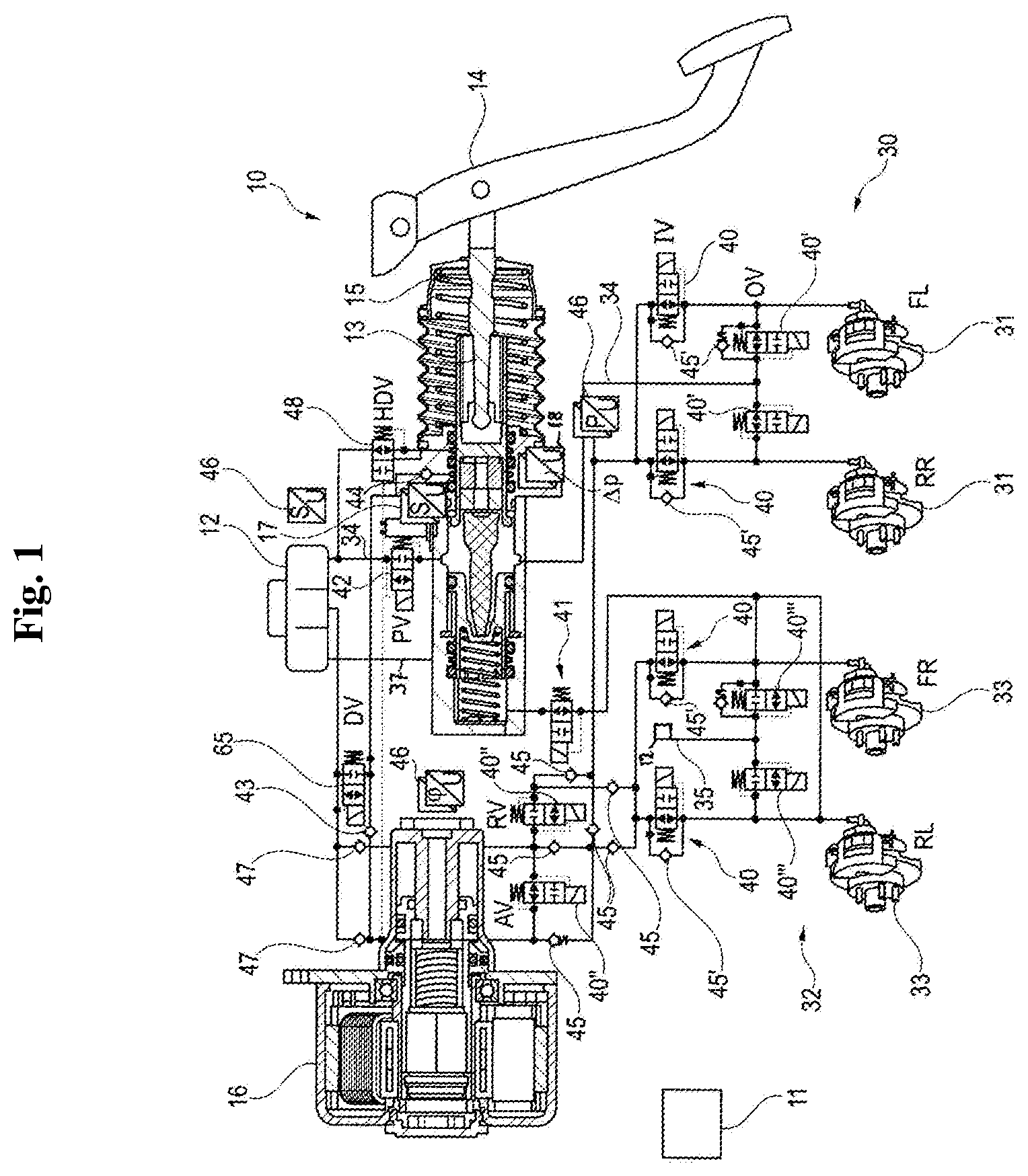 Patent US12139111 Figure 1 – Brake system including a master cylinder with an elastic pedal feel element