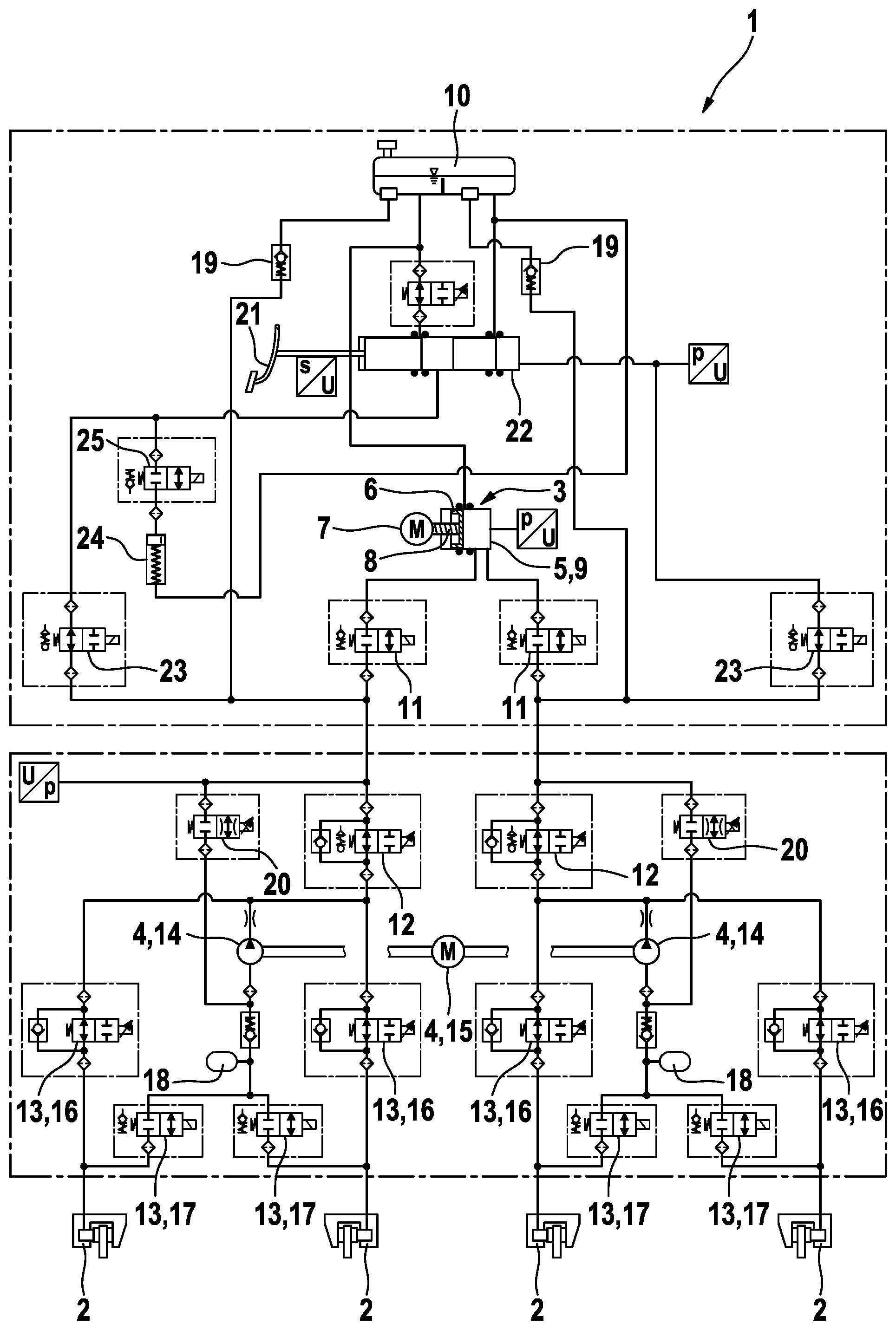 Patent US12139125 Figure 1 – Electrohydraulic power vehicle braking system for an autonomously driving land vehicle