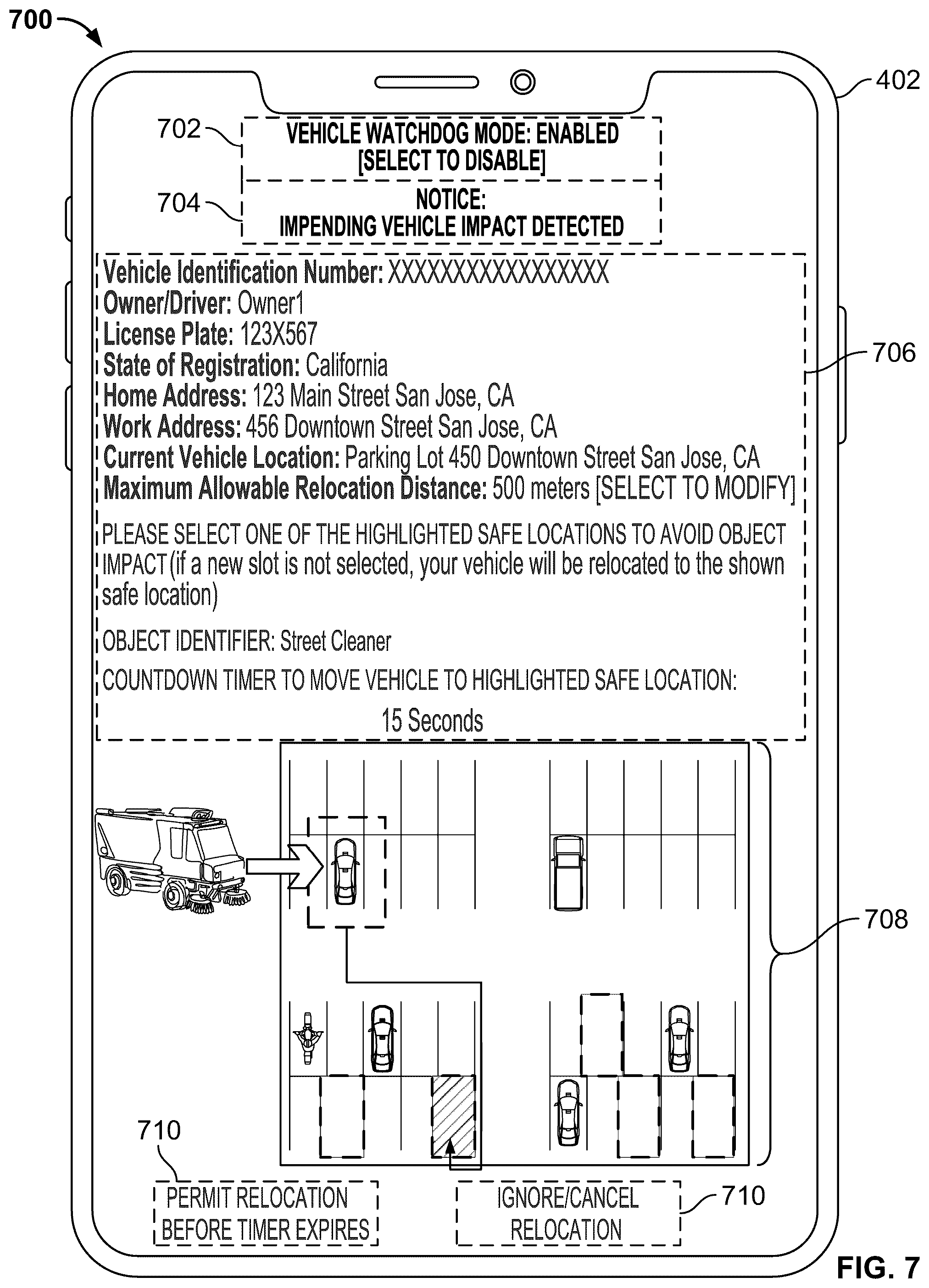 Patent US12139168 Figure 7 – Stationary vehicle impact analysis and decision making with service interface
