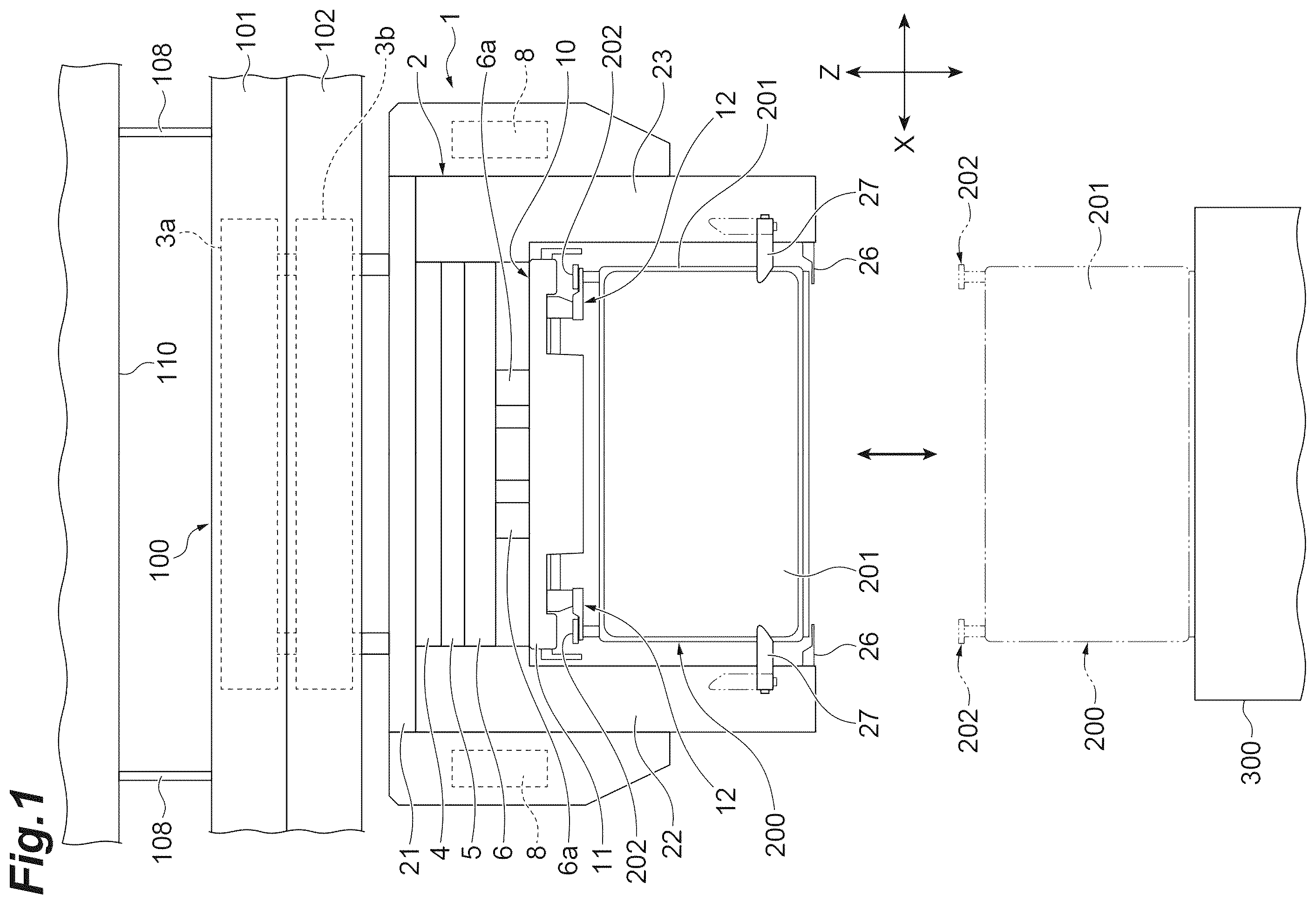 Patent US12139176 — Gripper device, conveyance vehicle, and conveyance method — Figure 1
