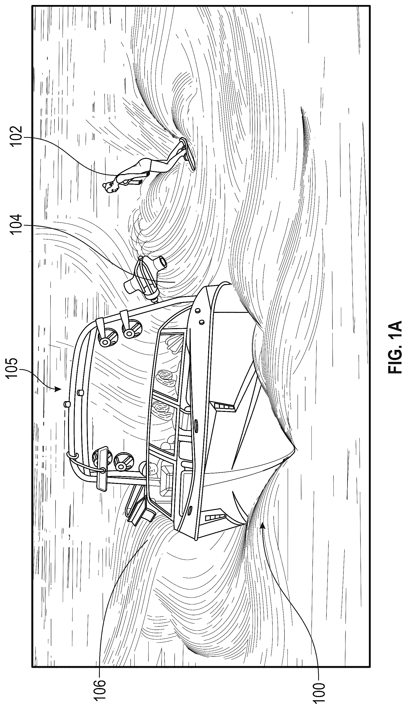 Patent US12139236 Figure 1 – Water sports boat with foil displacement system