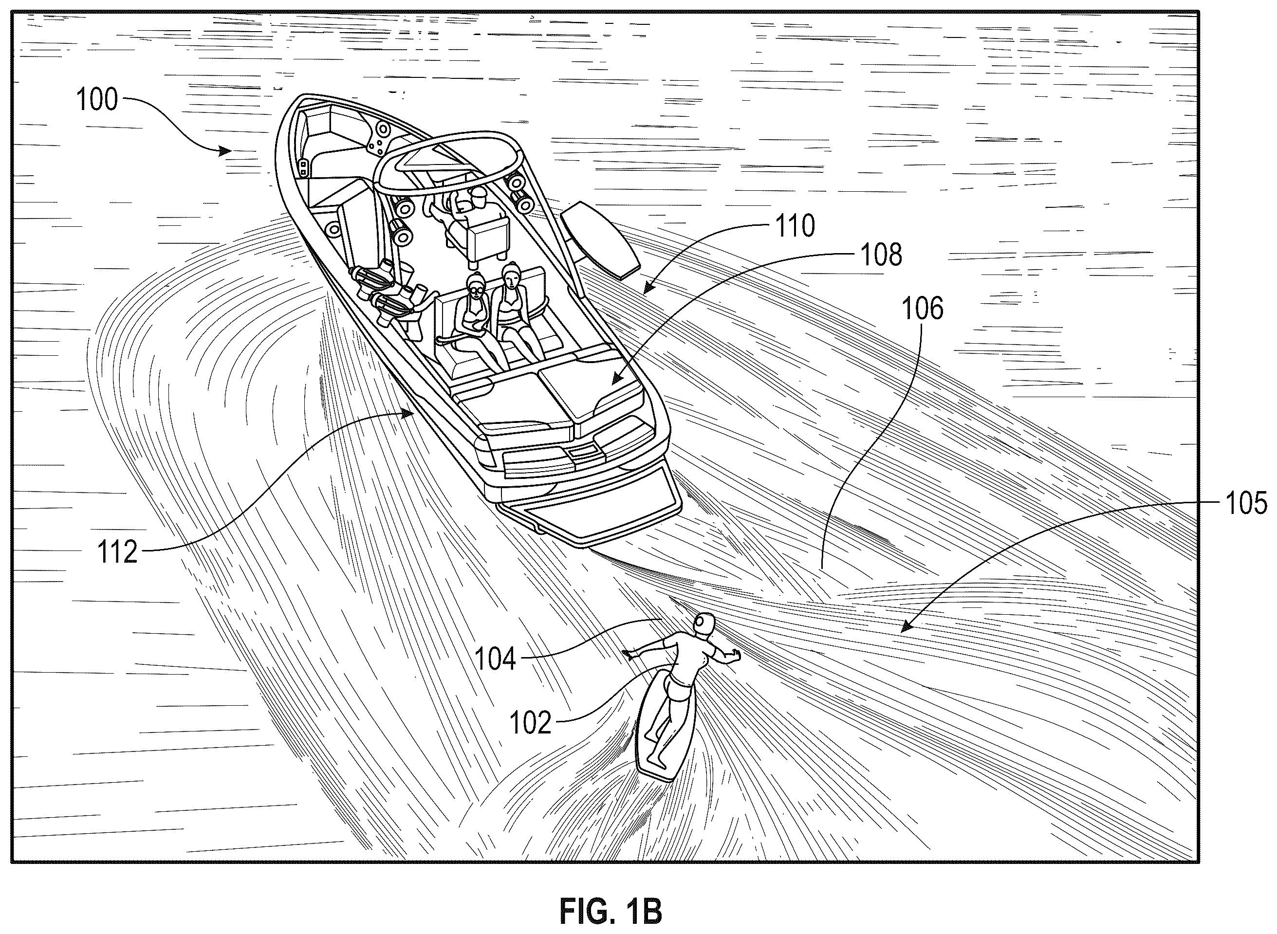 Patent US12139236 Figure 2 – Water sports boat with foil displacement system