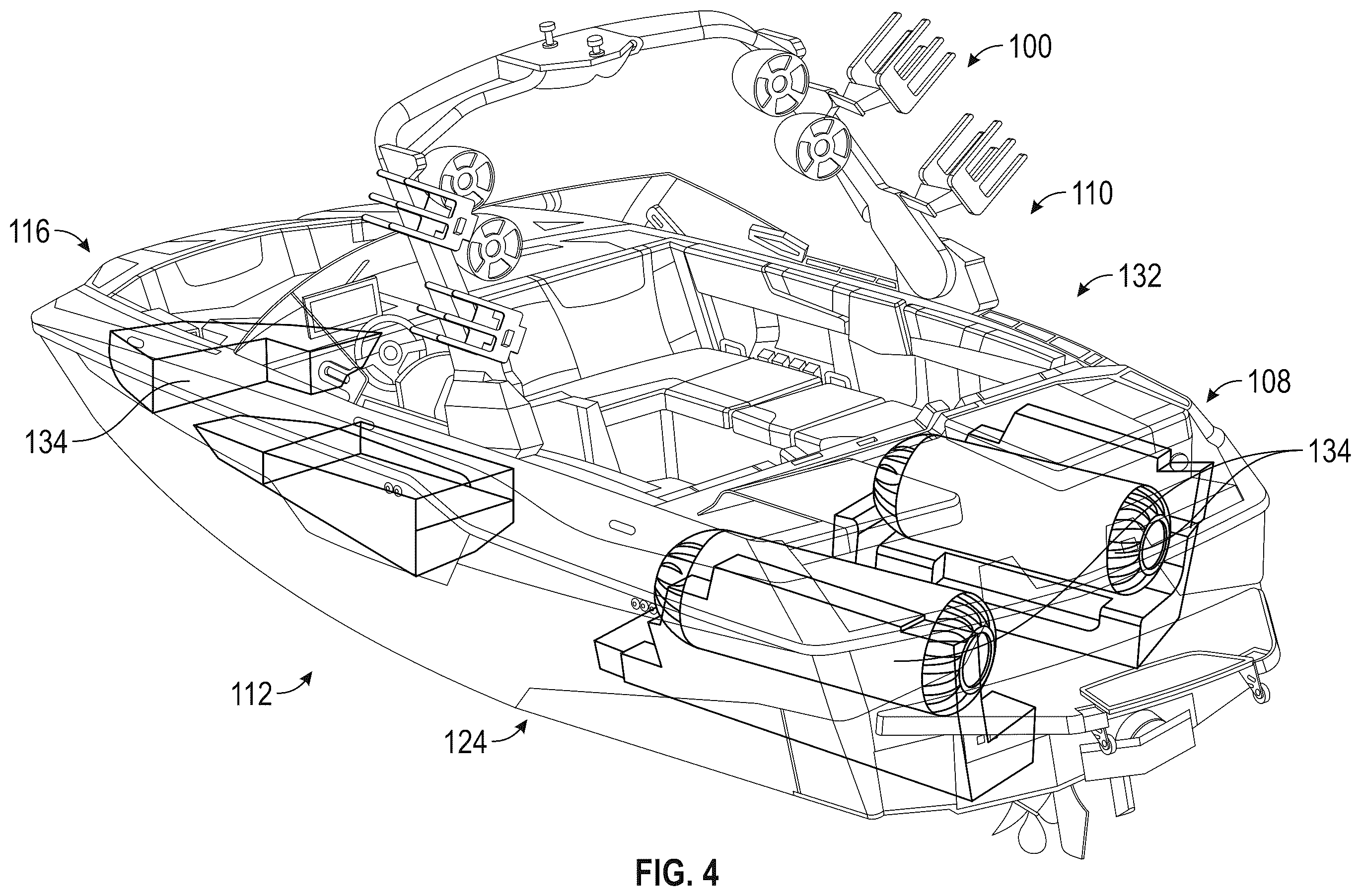Patent US12139236 Figure 8 – Water sports boat with foil displacement system
