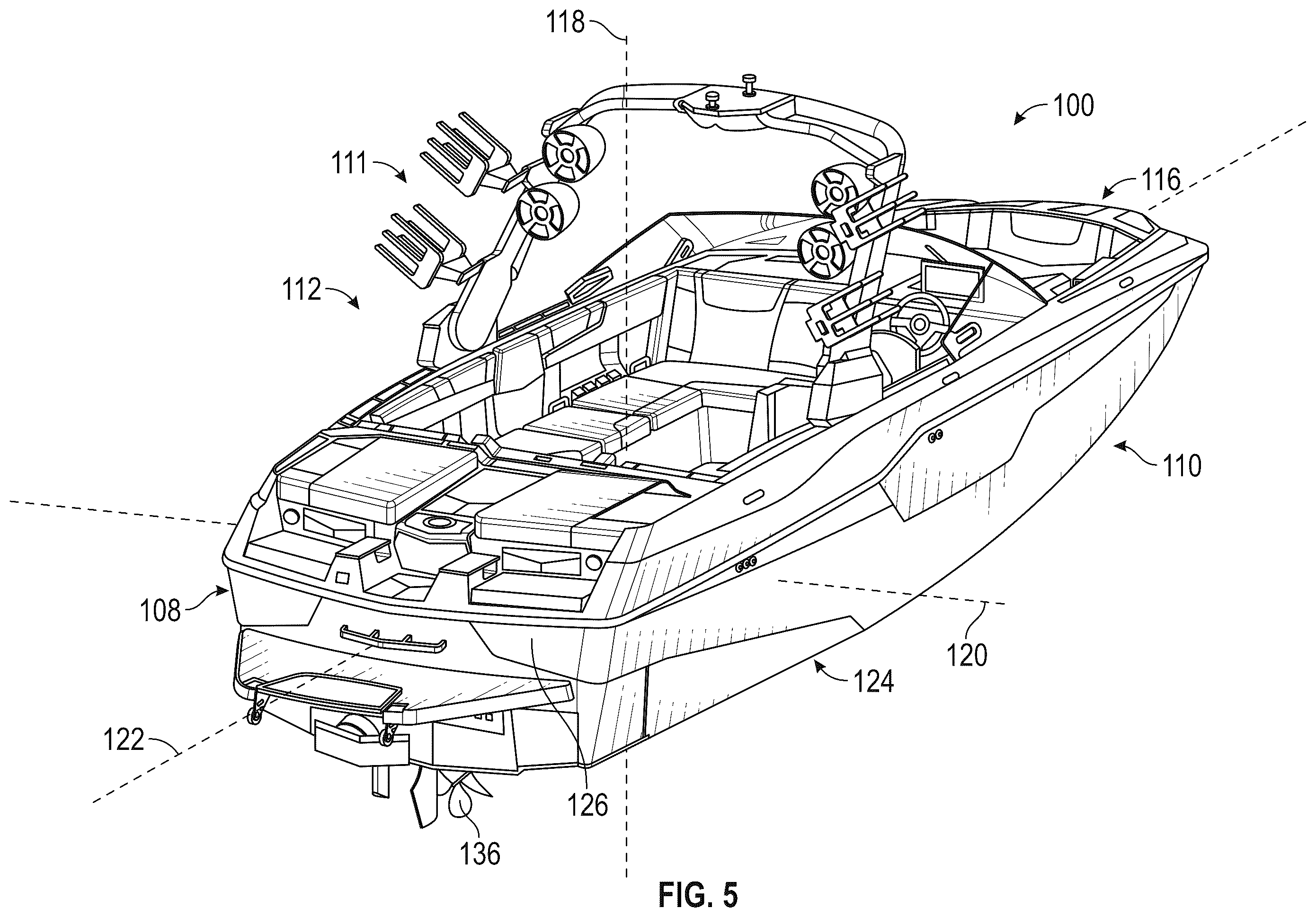 Patent US12139236 Figure 9 – Water sports boat with foil displacement system