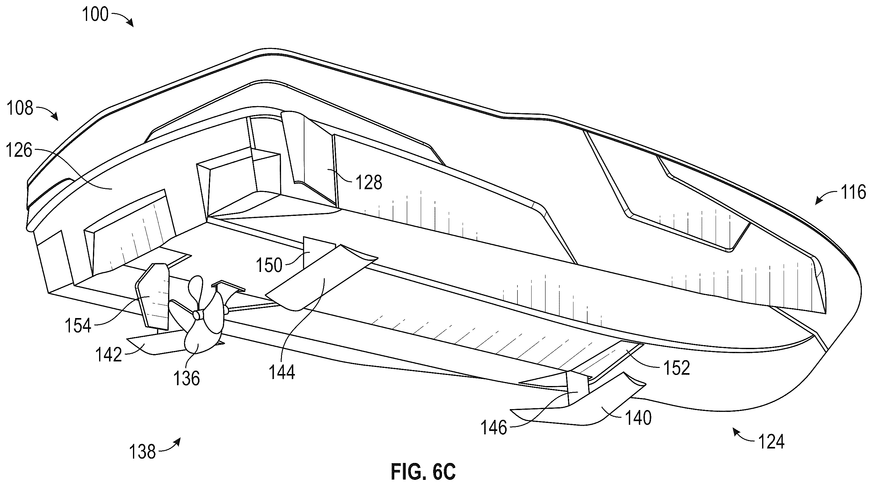 Patent US12139236 Figure 12 – Water sports boat with foil displacement system