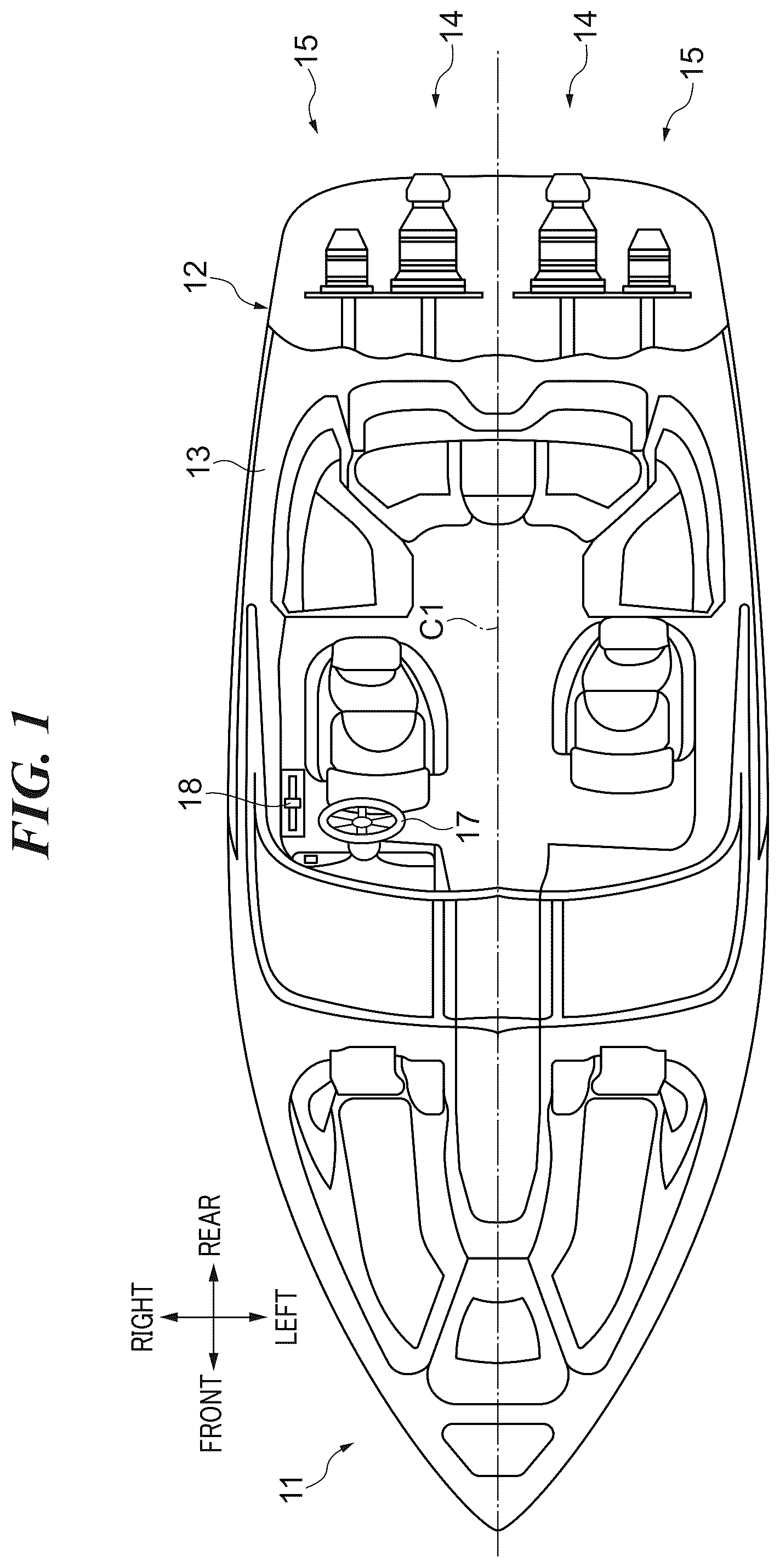 Patent US12139244 Figure 1 – Marine vessel and marine propulsion unit