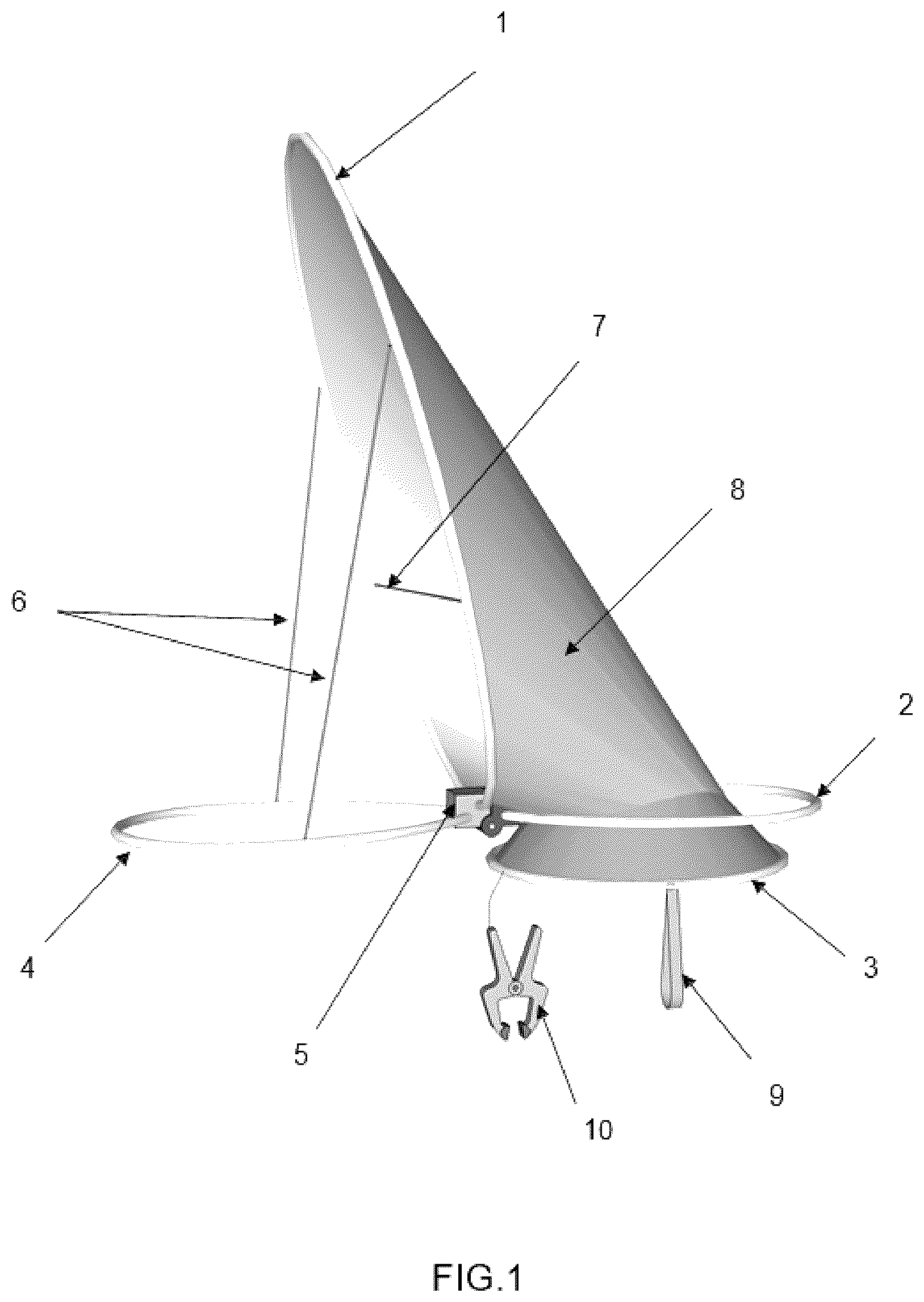 Patent US12139248 Figure 1 – Fabric air shaft ventilator with instant opening and fastening for boats