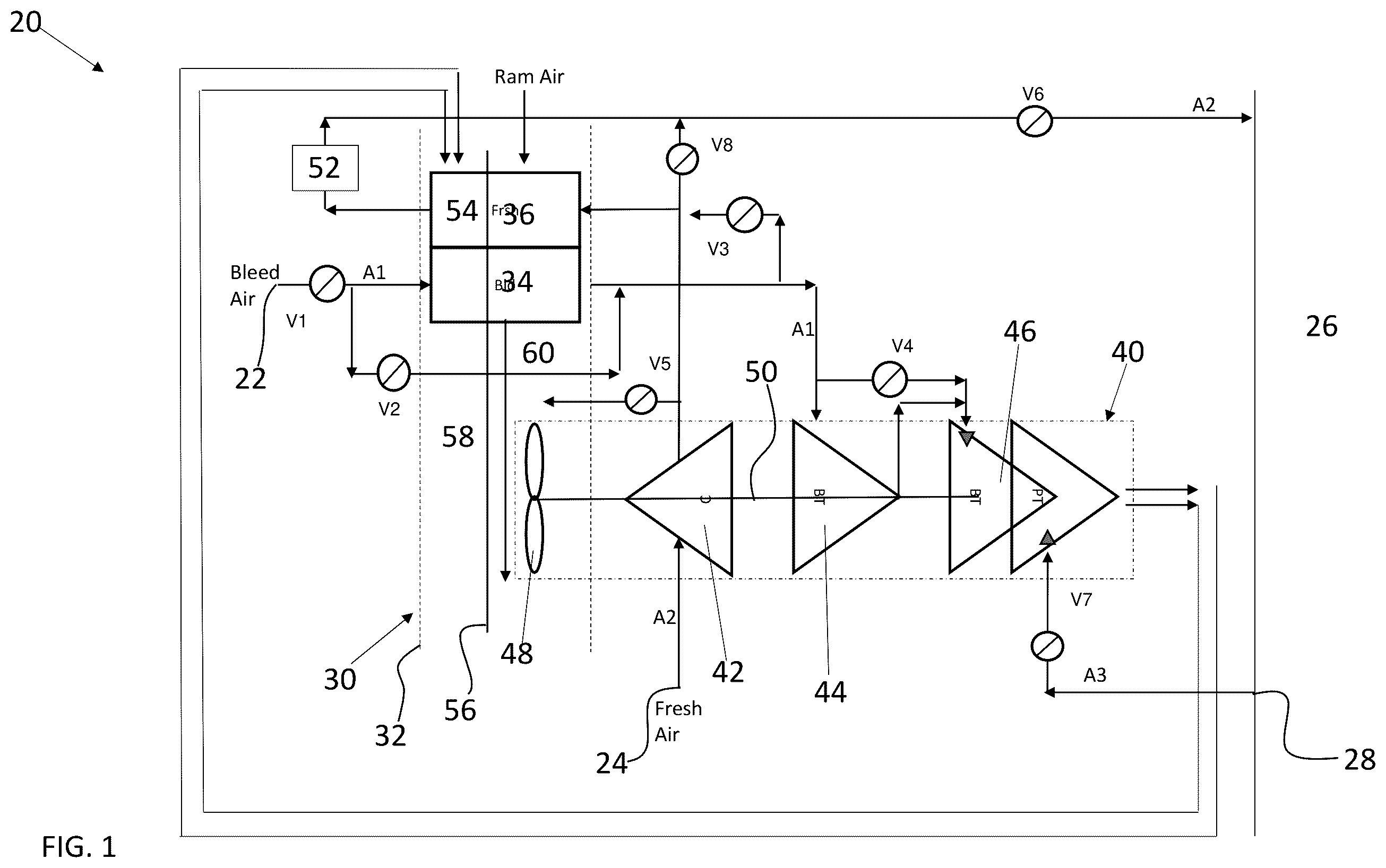 Patent US12139260 — Ambient air architecture with single ACM without an ambient turbine — Figure 1
