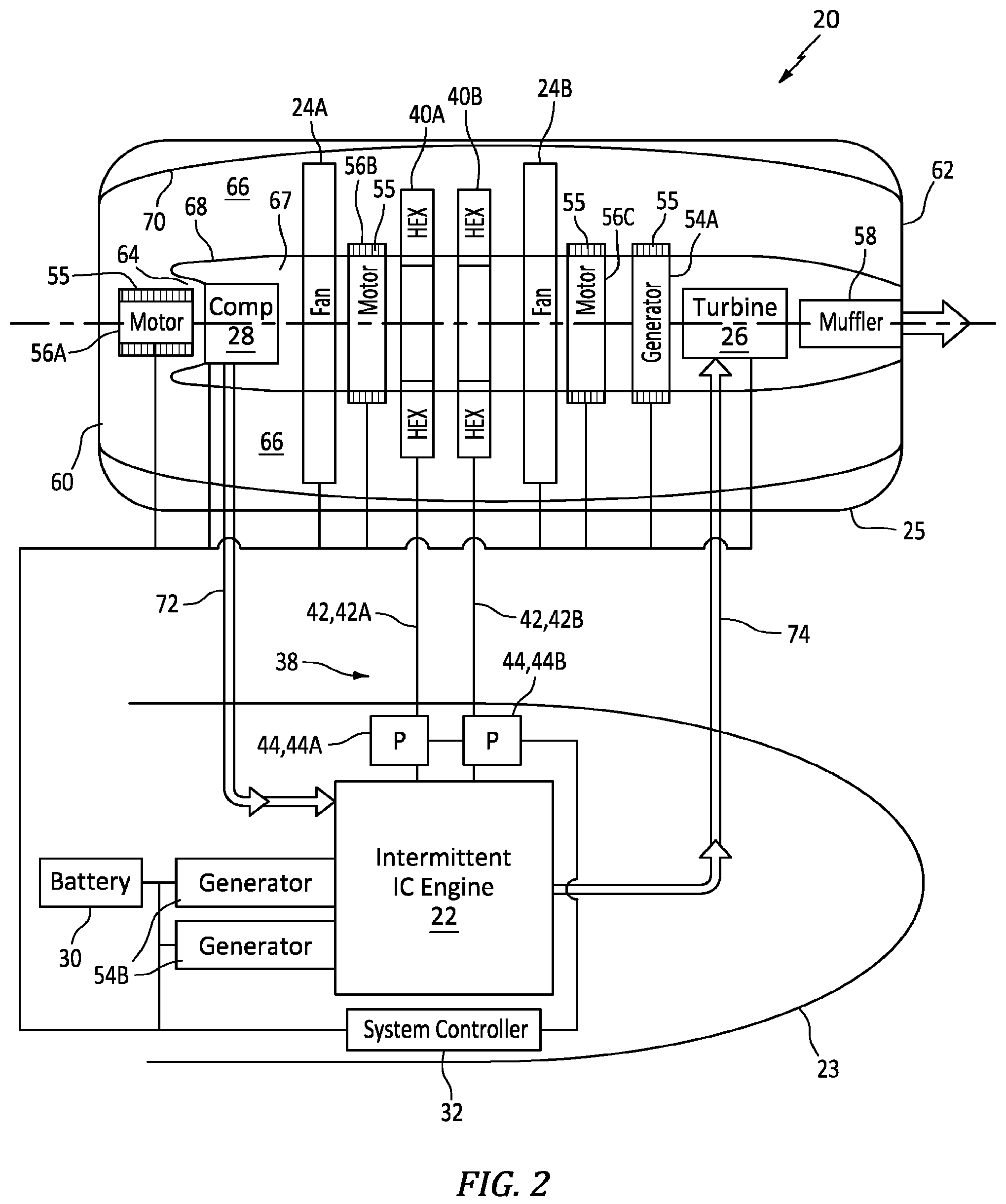 Patent US12139265 Figure 2 – Aircraft propulsion system with intermittent combustion engine and electric transmission system and method for operating the same