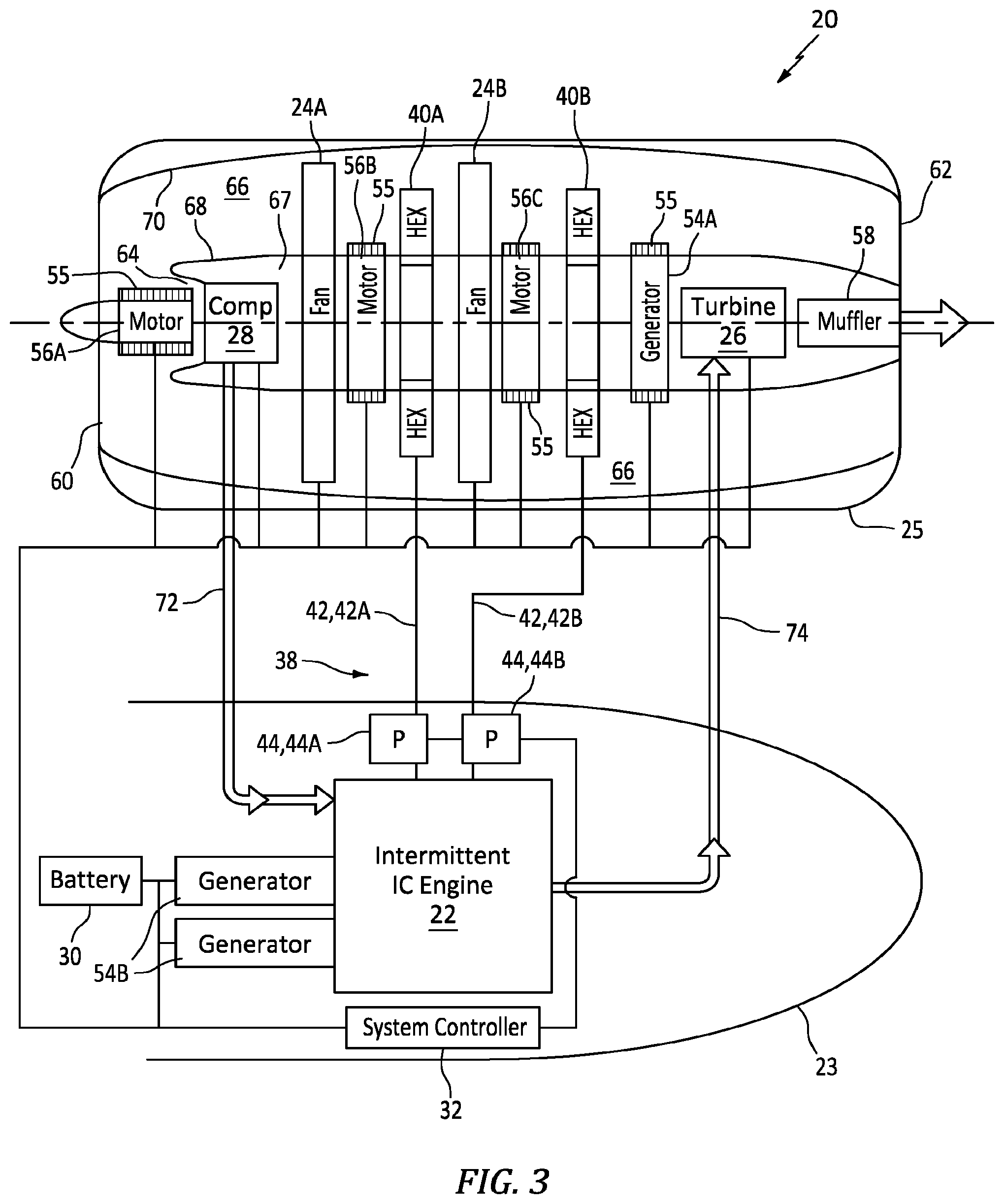 Patent US12139265 Figure 4 – Aircraft propulsion system with intermittent combustion engine and electric transmission system and method for operating the same