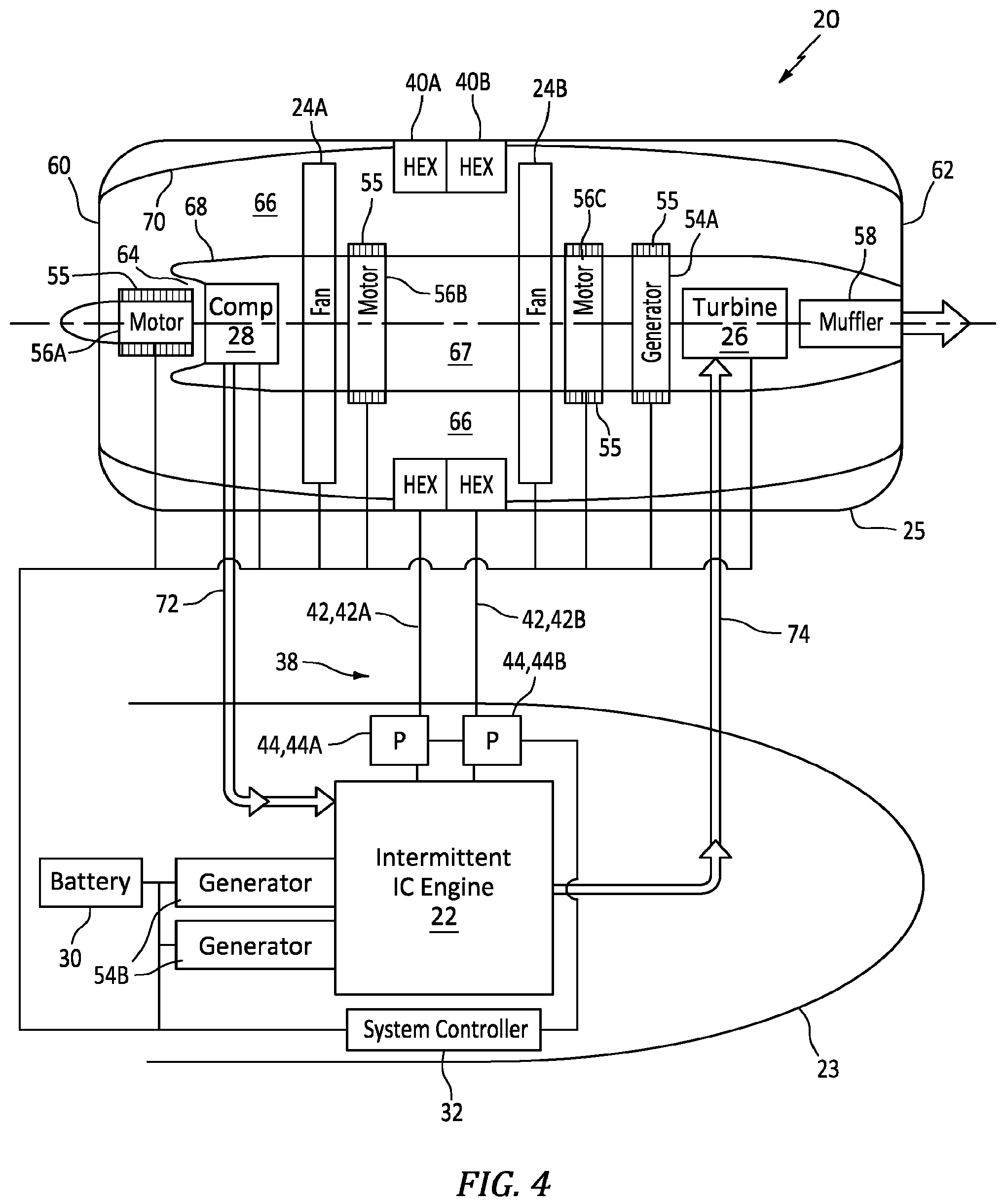 Patent US12139265 Figure 5 – Aircraft propulsion system with intermittent combustion engine and electric transmission system and method for operating the same