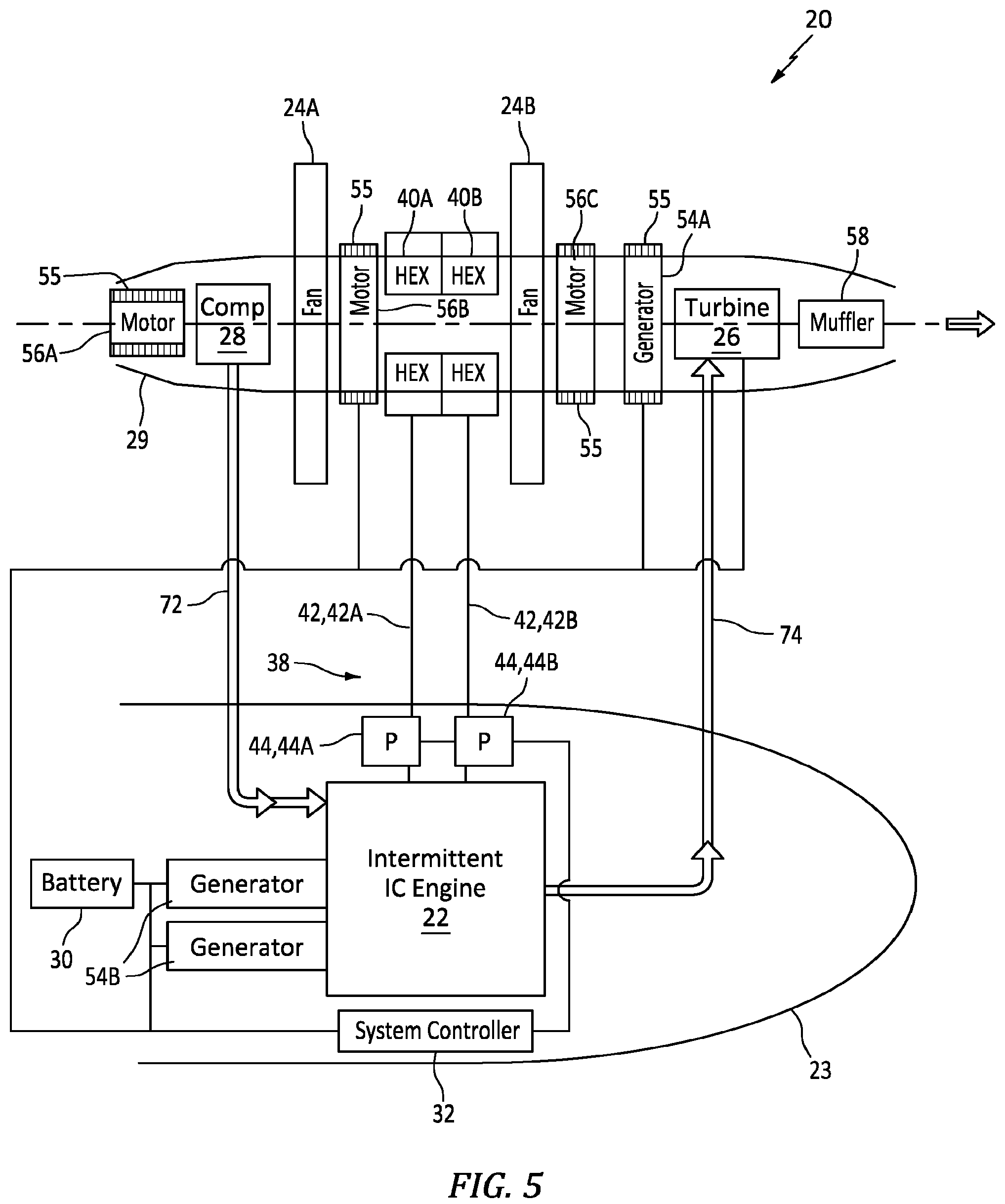 Patent US12139265 Figure 6 – Aircraft propulsion system with intermittent combustion engine and electric transmission system and method for operating the same