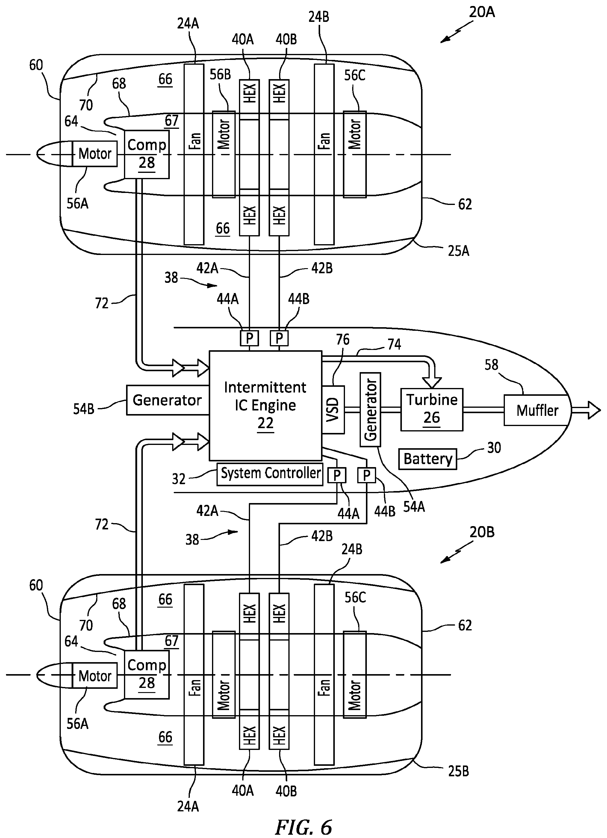 Patent US12139265 Figure 7 – Aircraft propulsion system with intermittent combustion engine and electric transmission system and method for operating the same