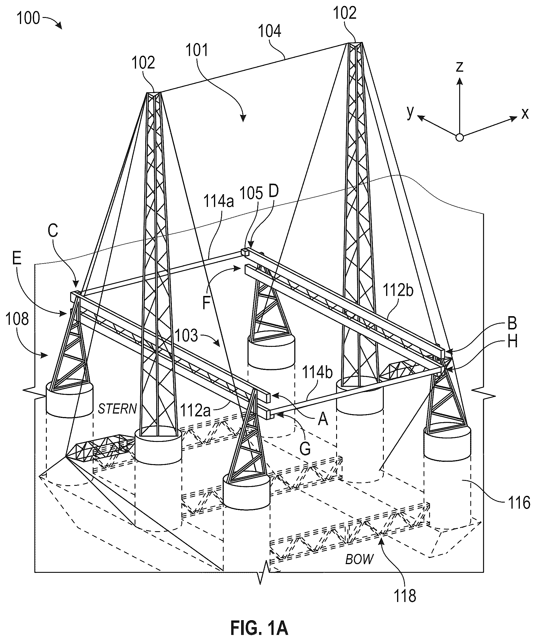 Patent US12139278 Figure 1 – System for receiving a descending rocket on a semisubmersible vessel using a suspended cable