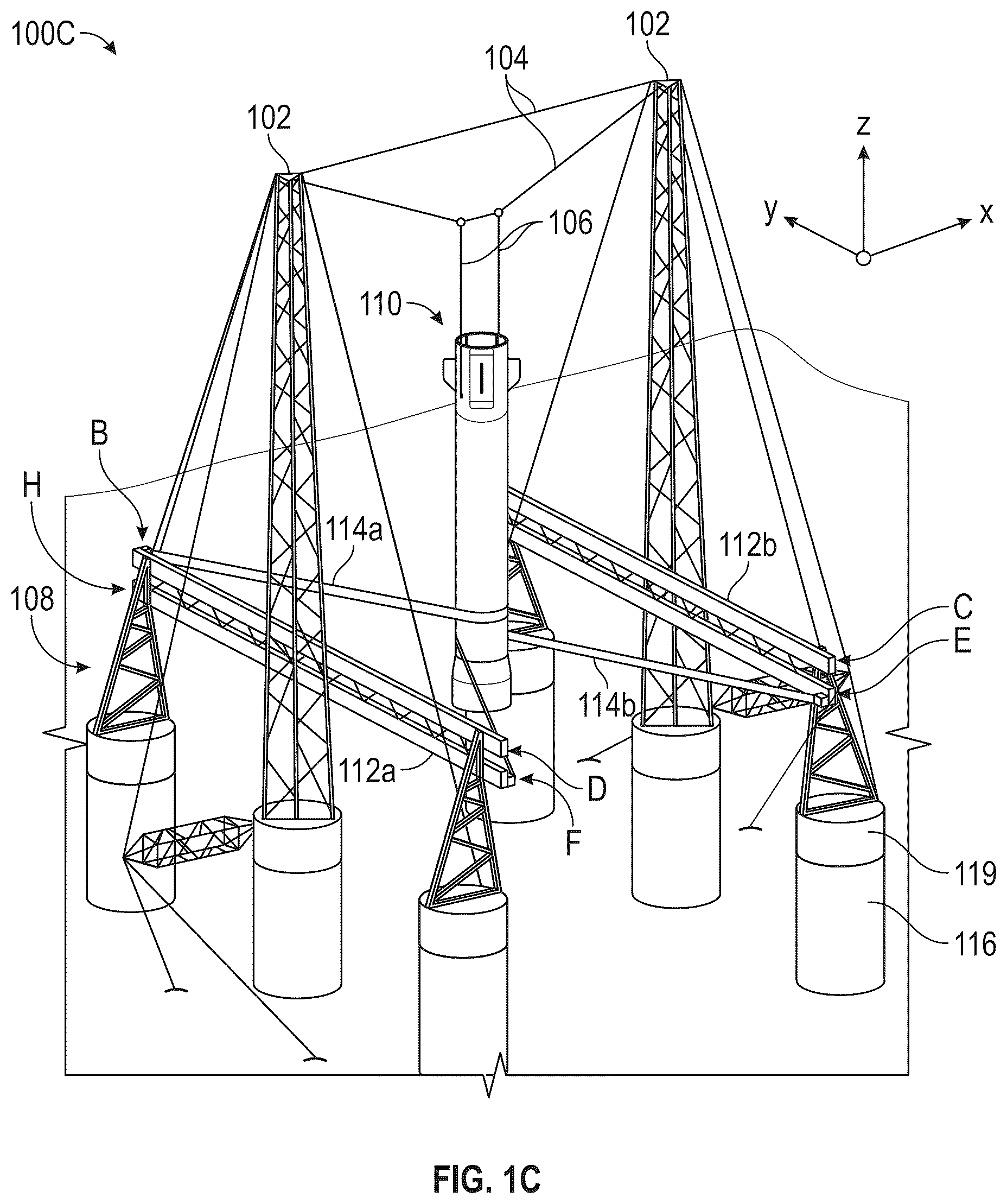 Patent US12139278 Figure 3 – System for receiving a descending rocket on a semisubmersible vessel using a suspended cable