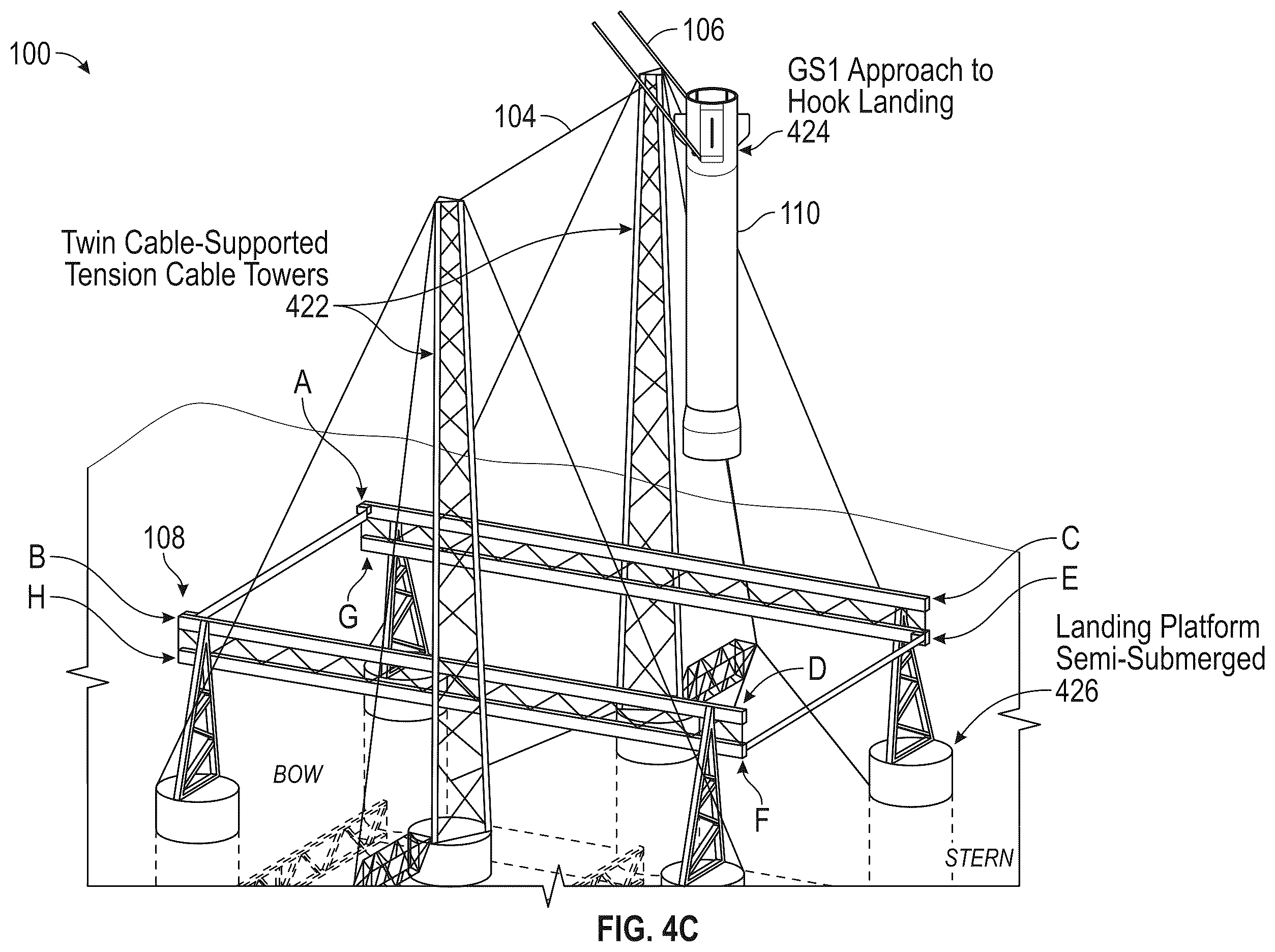 Patent US12139278 Figure 8 – System for receiving a descending rocket on a semisubmersible vessel using a suspended cable