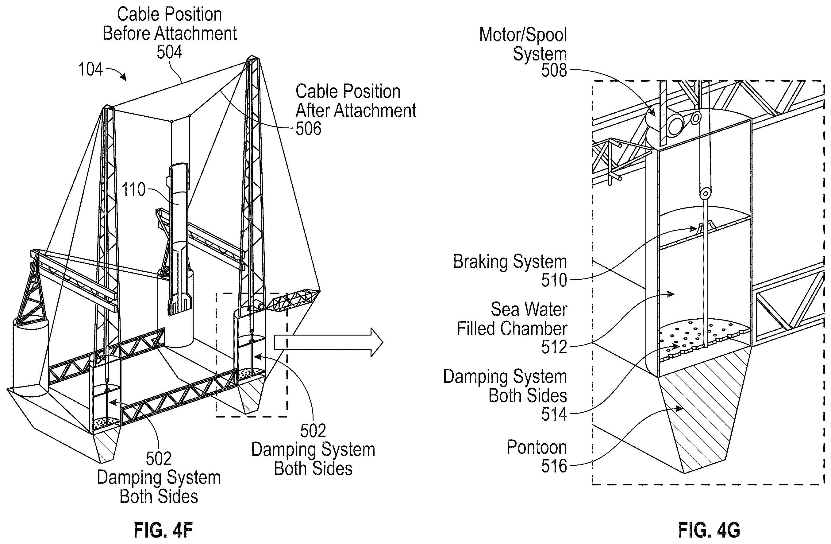 Patent US12139278 Figure 11 – System for receiving a descending rocket on a semisubmersible vessel using a suspended cable