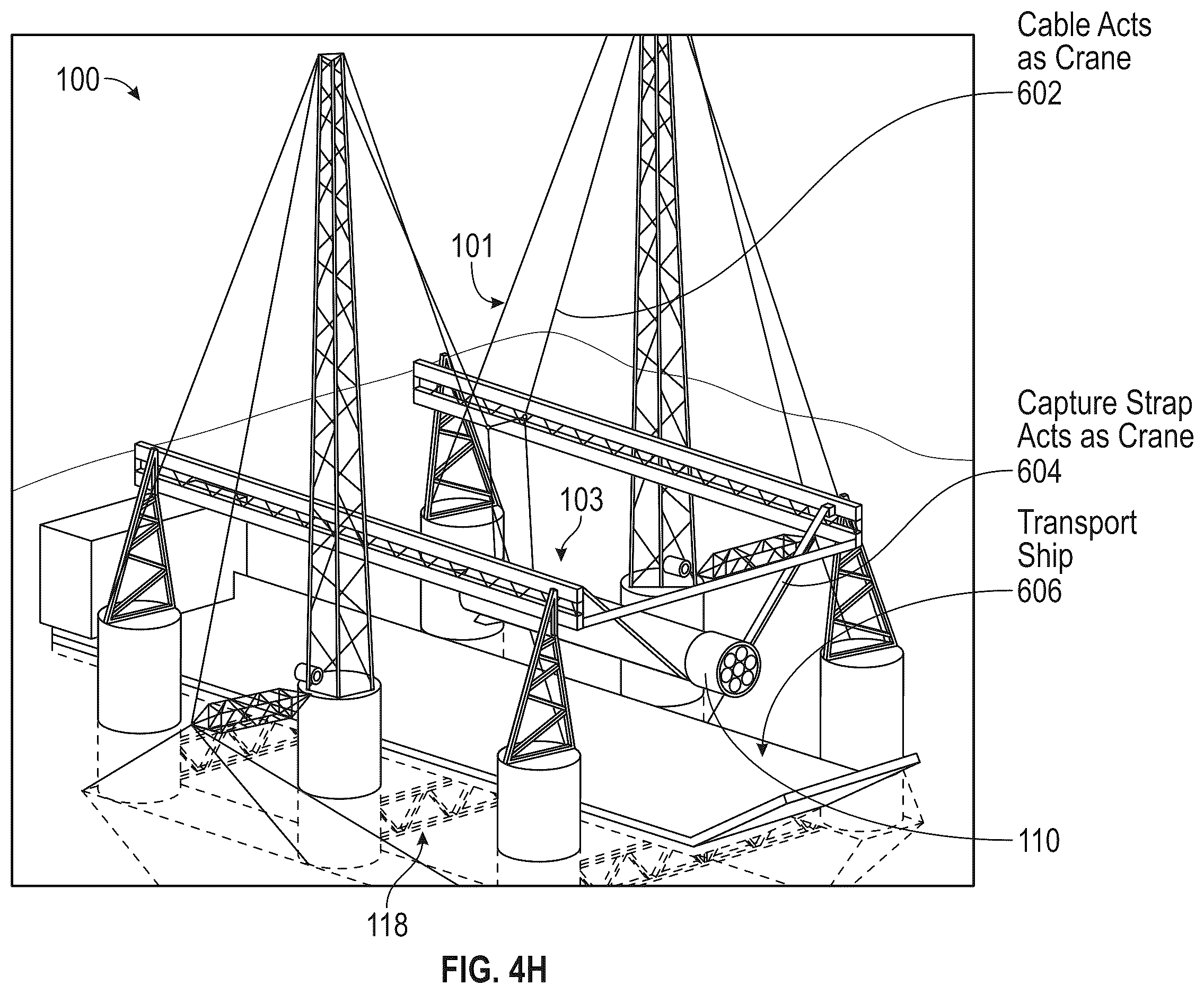 Patent US12139278 Figure 12 – System for receiving a descending rocket on a semisubmersible vessel using a suspended cable