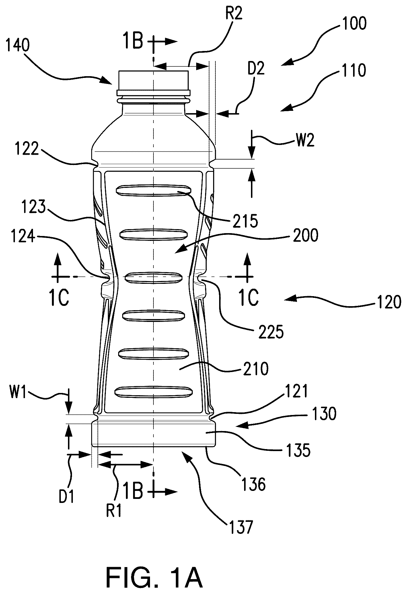 Patent US12139298 Figure 1 – Hot-fillable plastic container