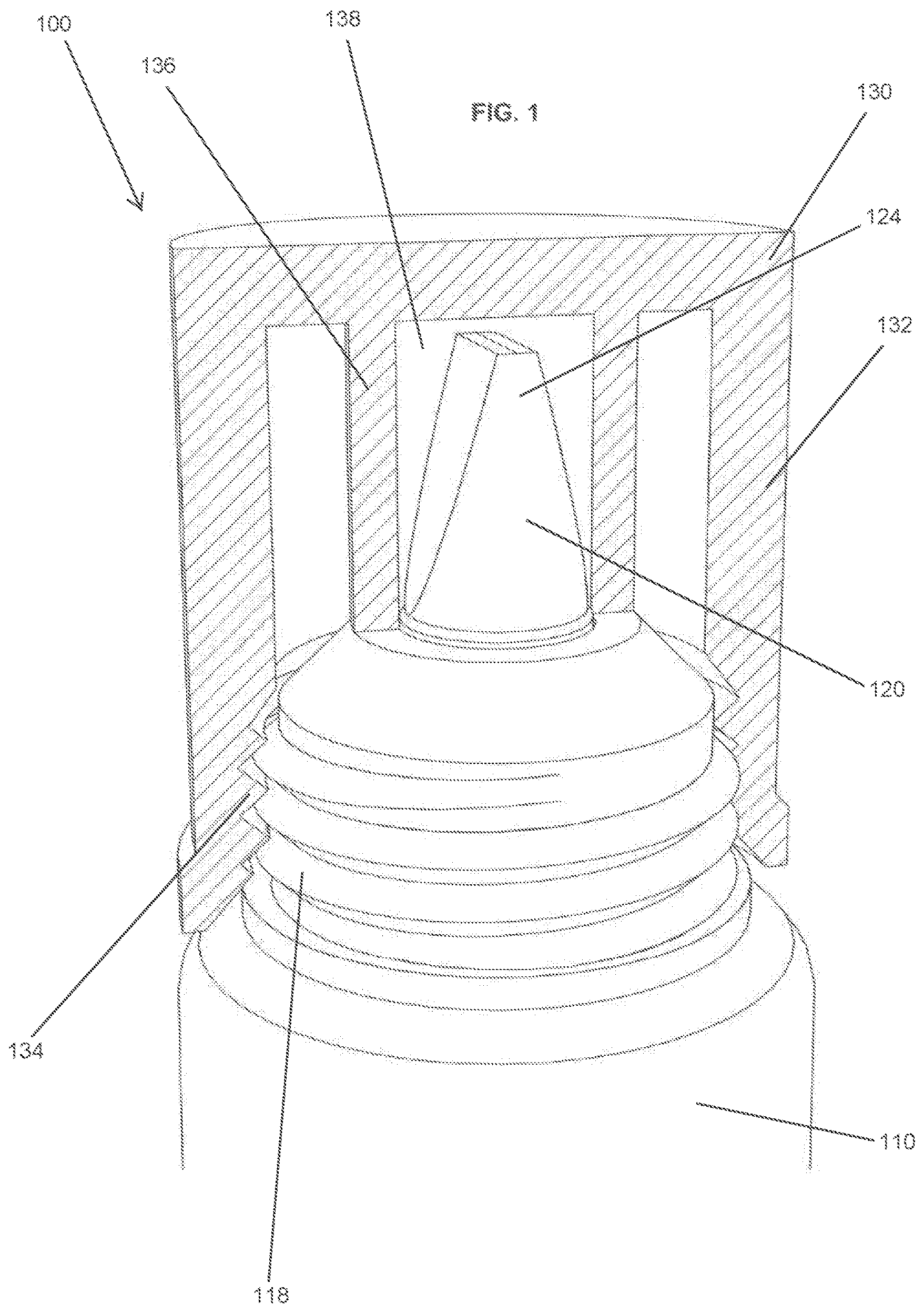 Patent US12139307 Figure 1 – Container comprising a duckbill valve and a leak-resistant closure mechanism
