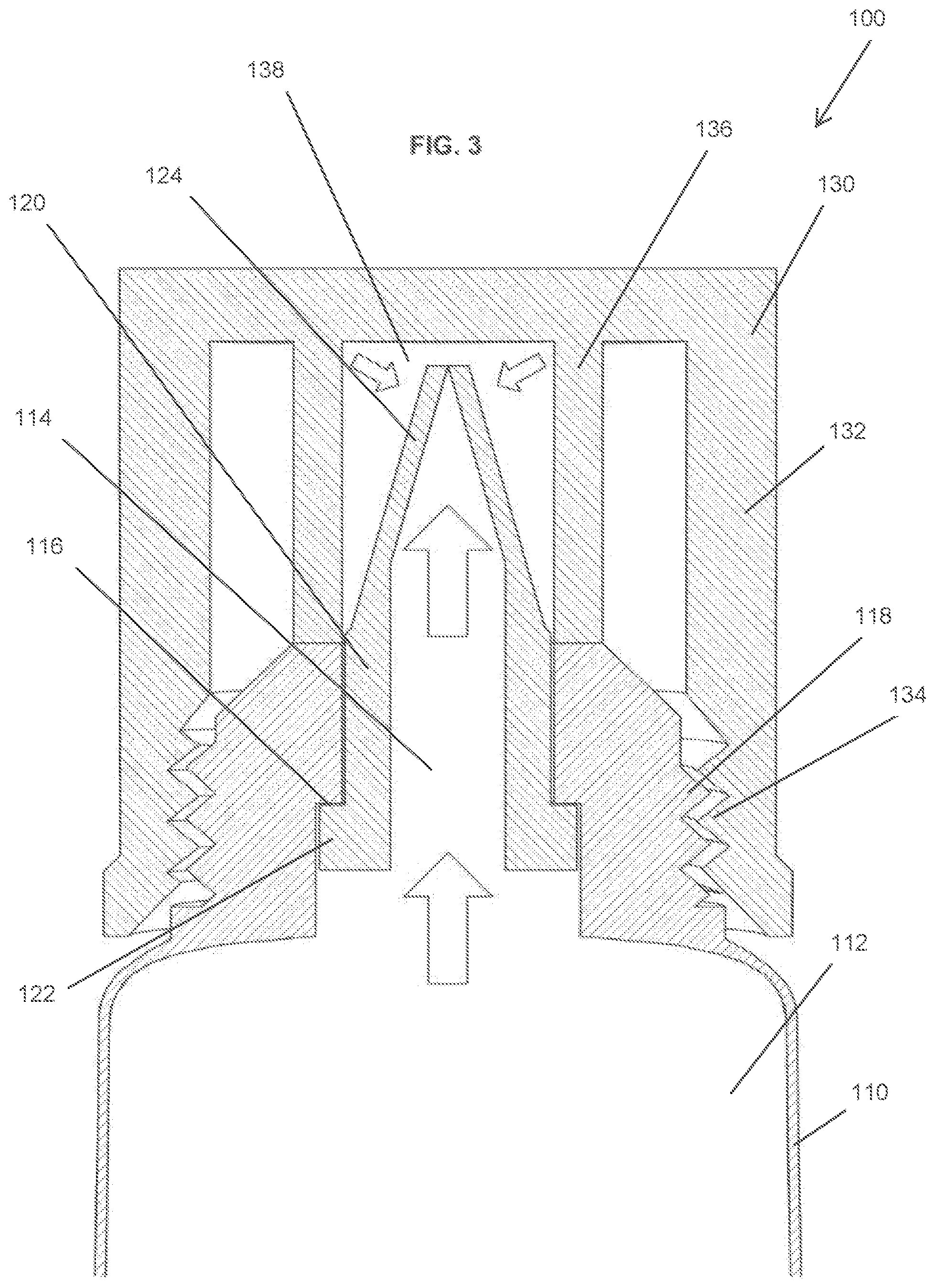 Patent US12139307 Figure 3 – Container comprising a duckbill valve and a leak-resistant closure mechanism