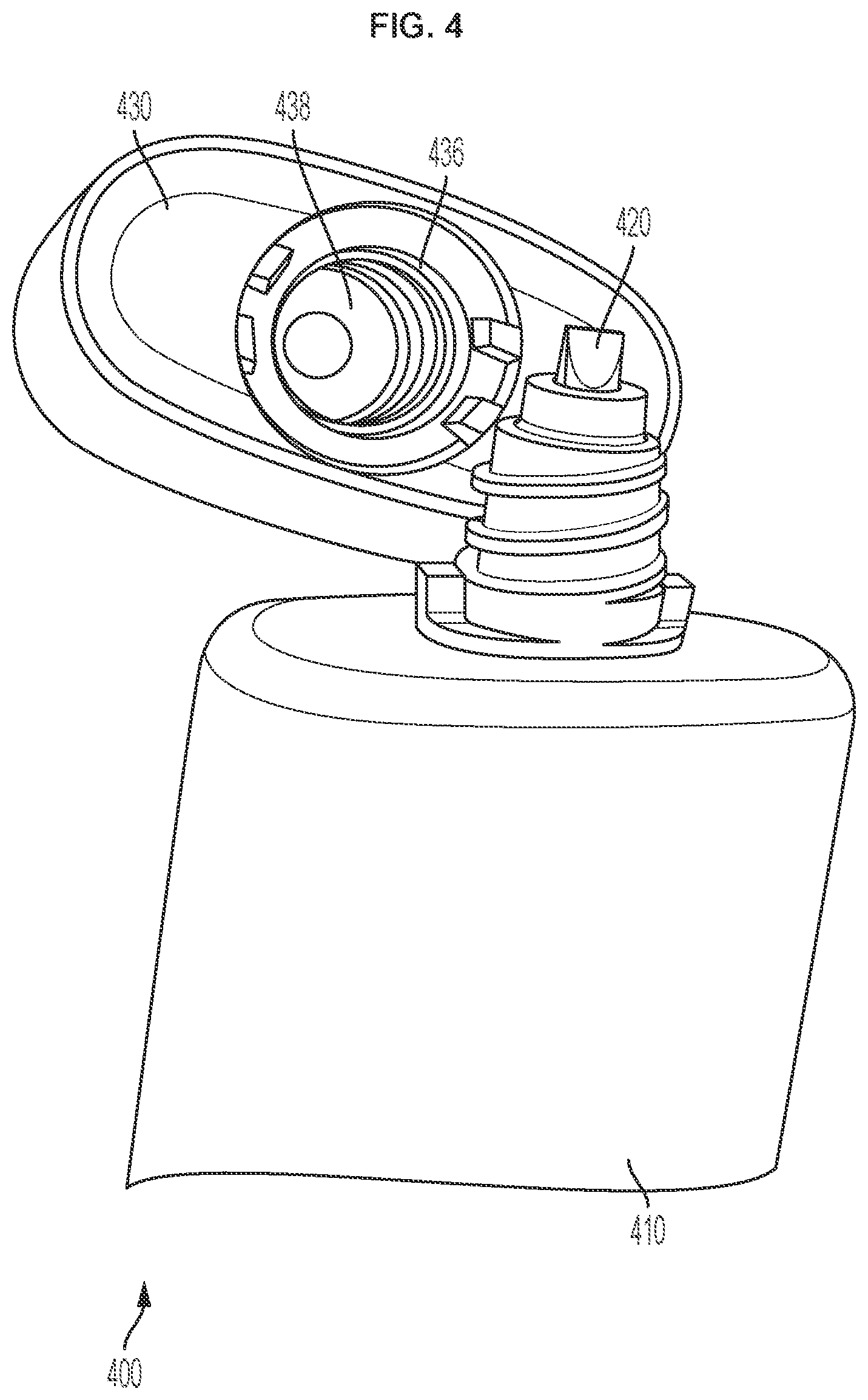 Patent US12139307 Figure 4 – Container comprising a duckbill valve and a leak-resistant closure mechanism
