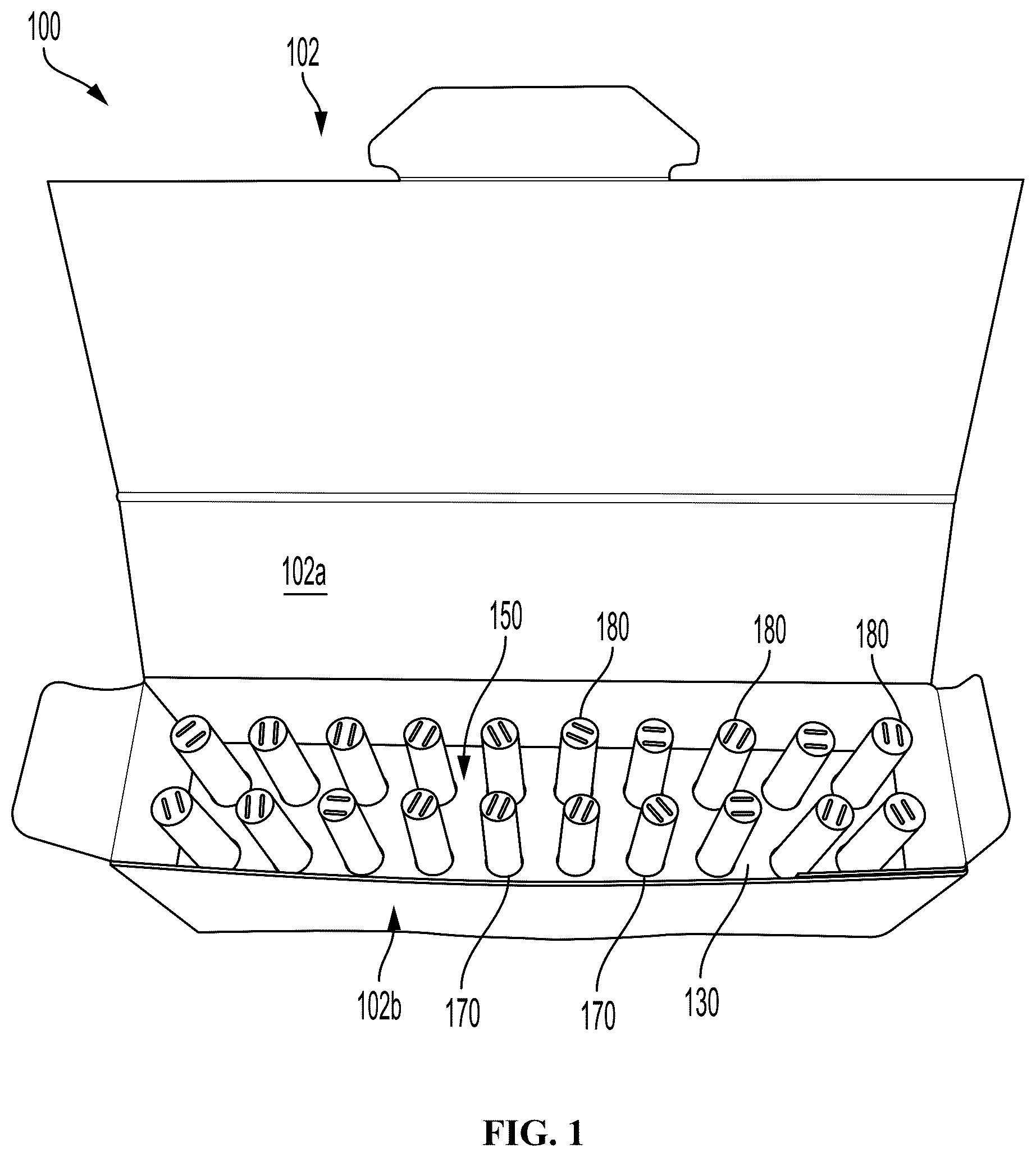Patent US12139312 Figure 1 – Packaging for an aerosol delivery device and consumable components
