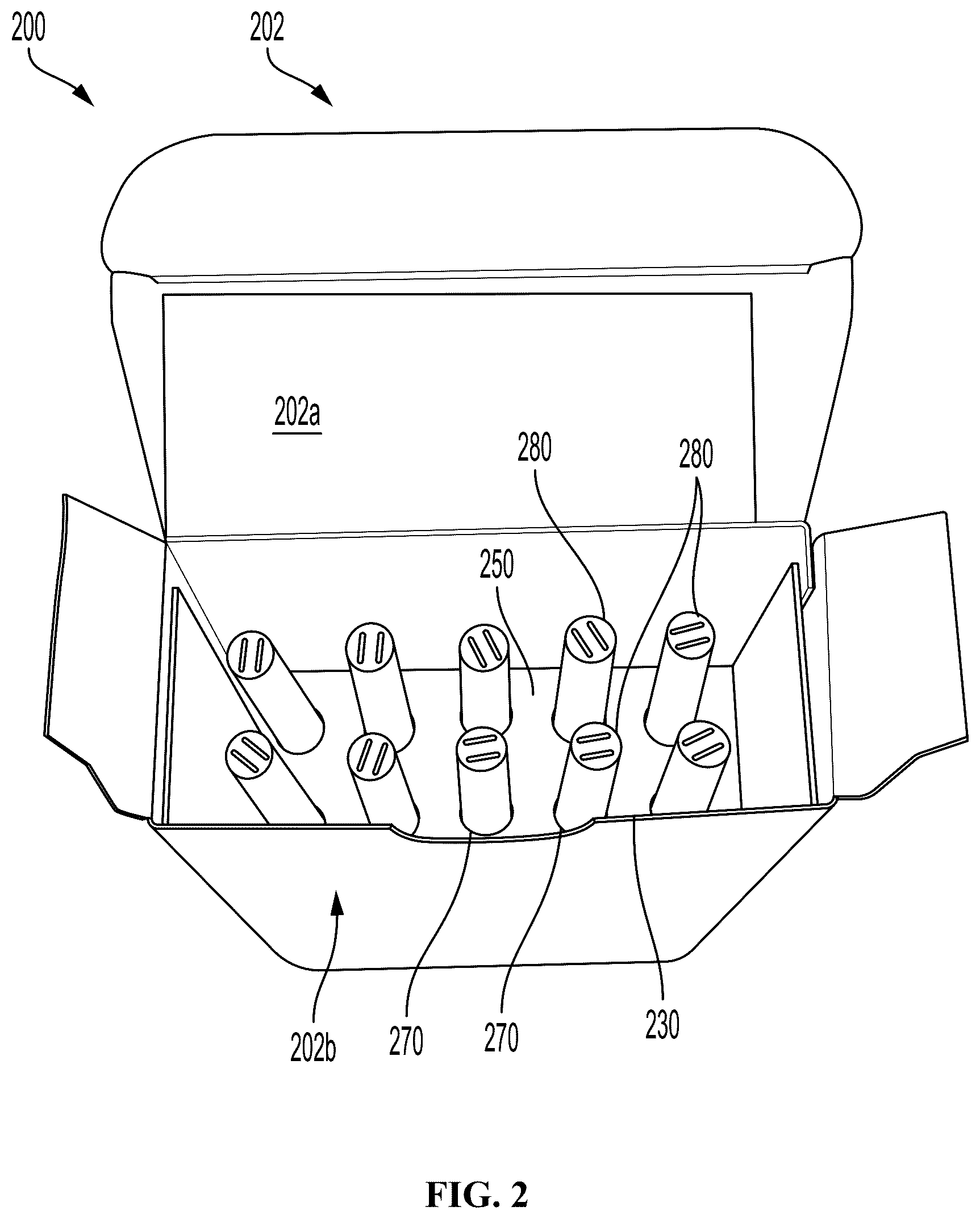 Patent US12139312 Figure 2 – Packaging for an aerosol delivery device and consumable components
