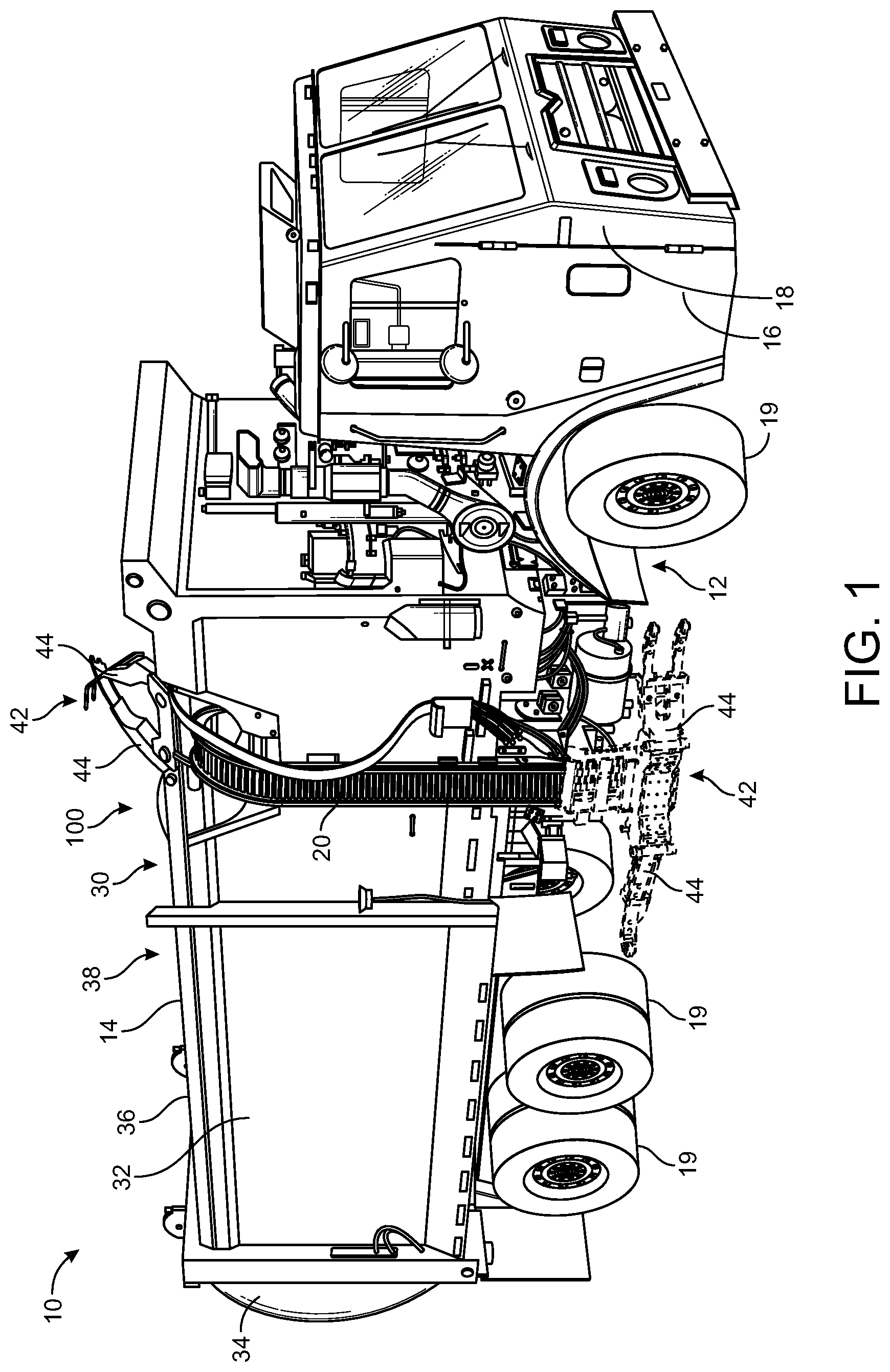 Patent US12139329 — Refuse vehicle with electric lift — Figure 1
